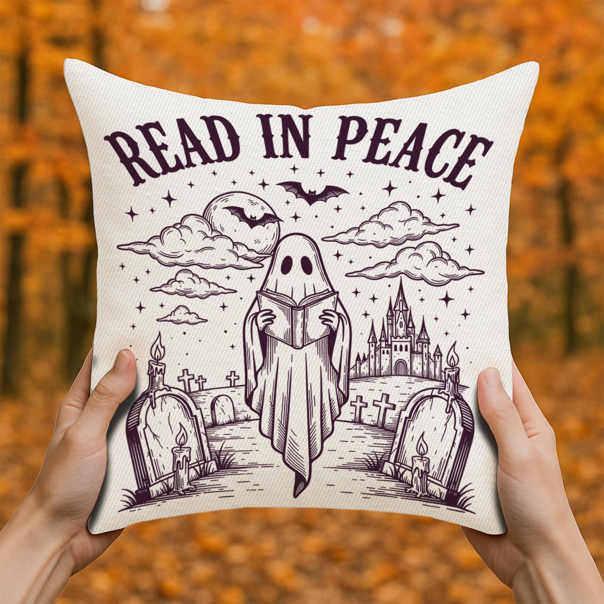 Read in Peace Halloween Pillow | Gothic Ghost Throw Pillow | Spooky Reading Cushion | Horror Book Lover Haunted Home Decor