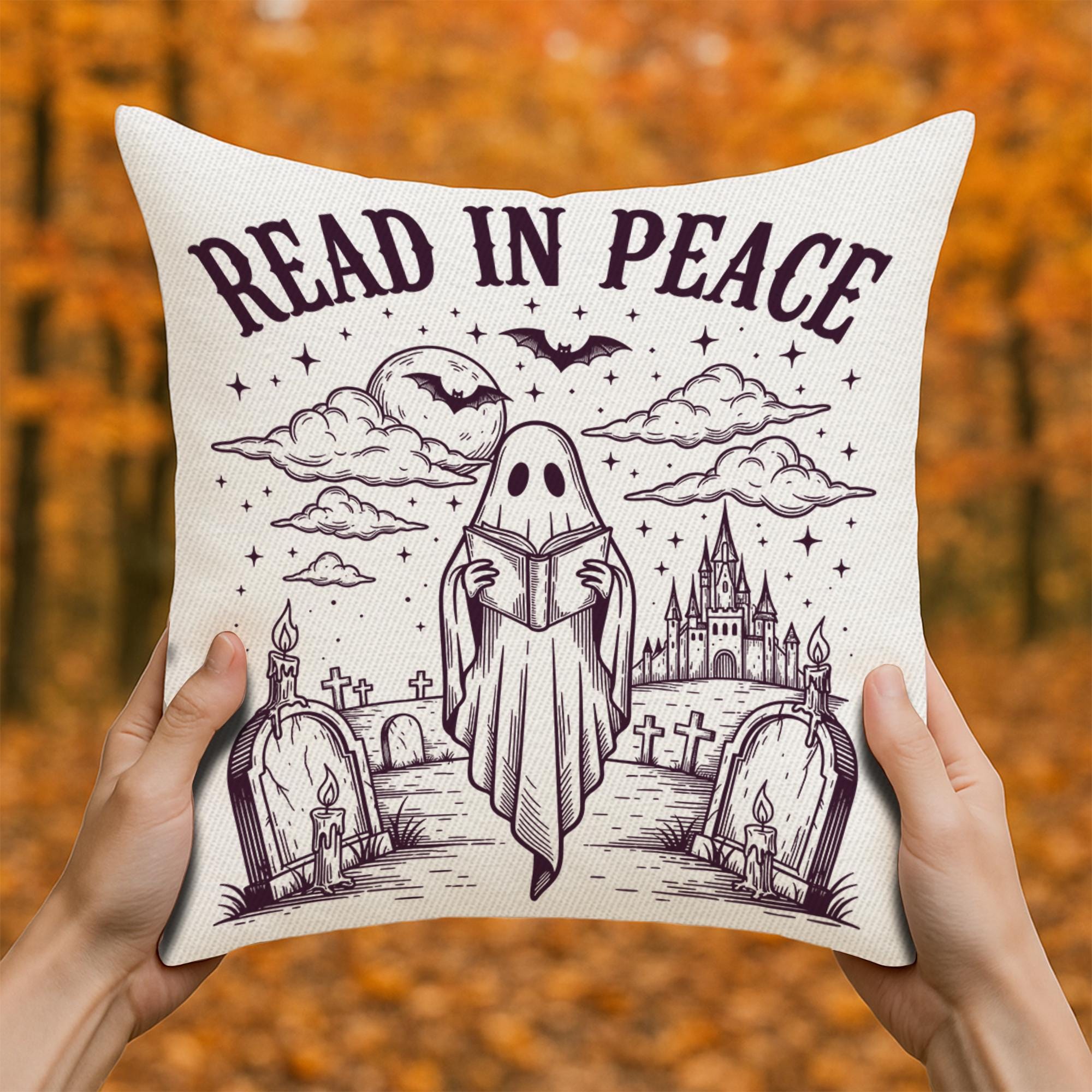 Read in Peace Halloween Pillow | Gothic Ghost Throw Pillow | Spooky Reading Cushion | Horror Book Lover Haunted Home Decor
