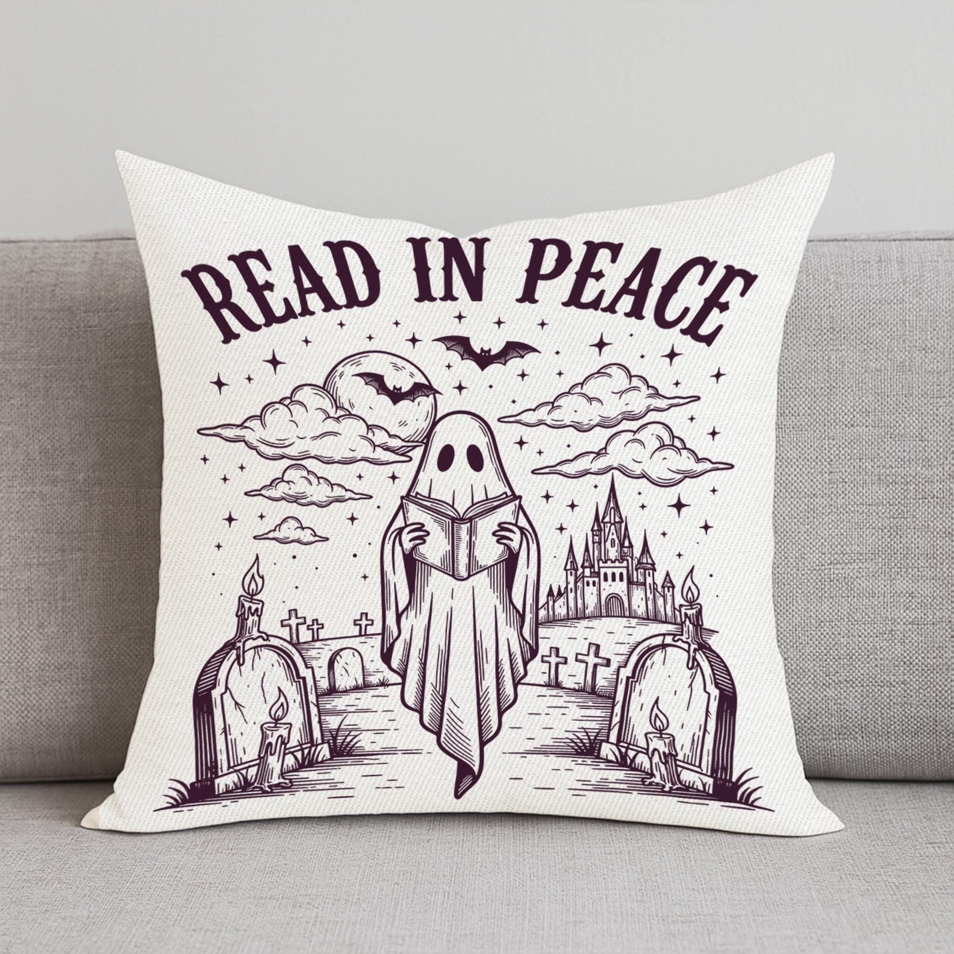 Read in Peace Halloween Pillow | Gothic Ghost Throw Pillow | Spooky Reading Cushion | Horror Book Lover Haunted Home Decor