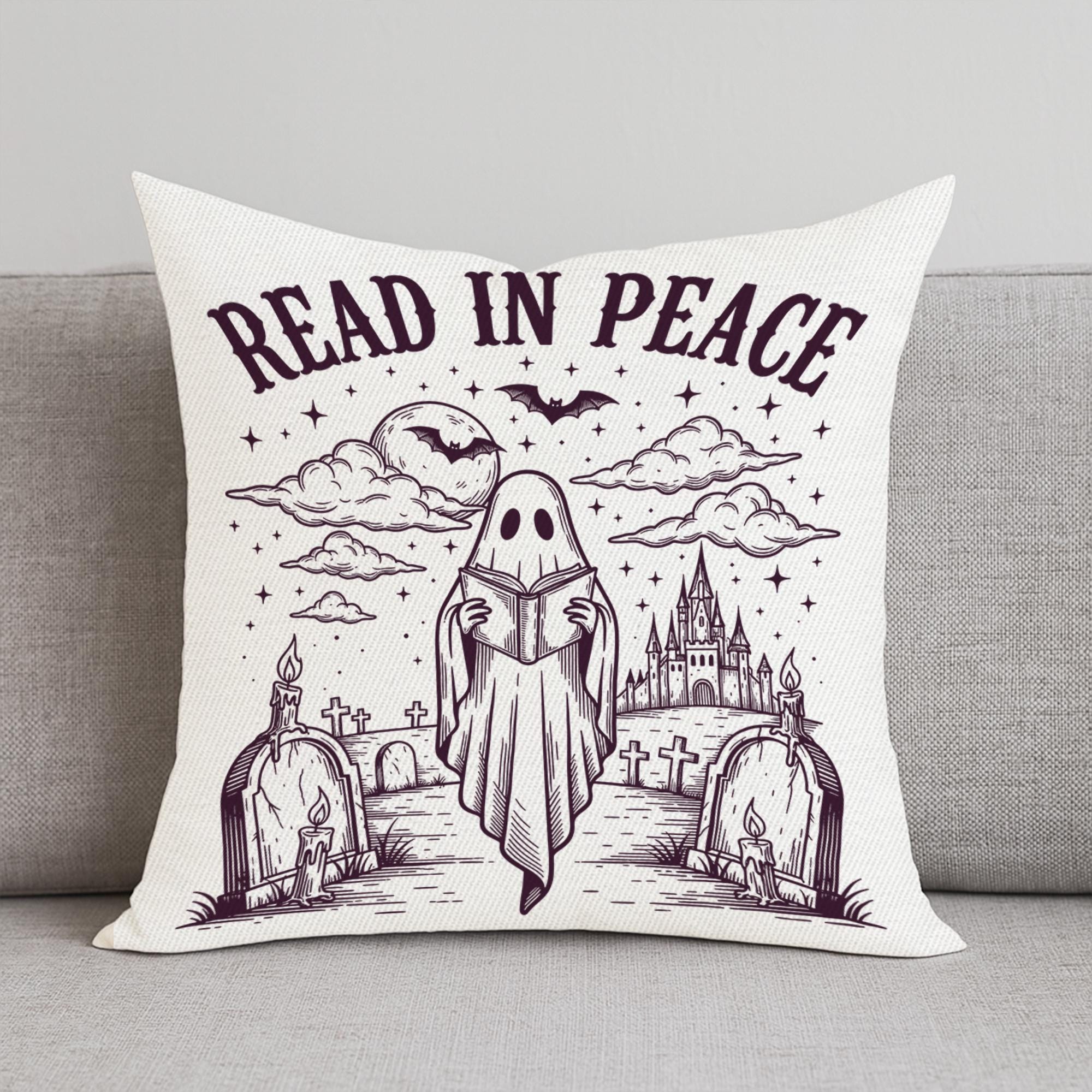 Read in Peace Halloween Pillow | Gothic Ghost Throw Pillow | Spooky Reading Cushion | Horror Book Lover Haunted Home Decor