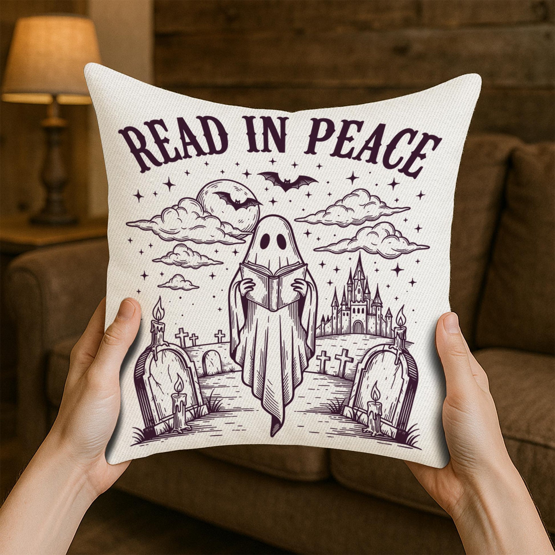 Read in Peace Halloween Pillow | Gothic Ghost Throw Pillow | Spooky Reading Cushion | Horror Book Lover Haunted Home Decor