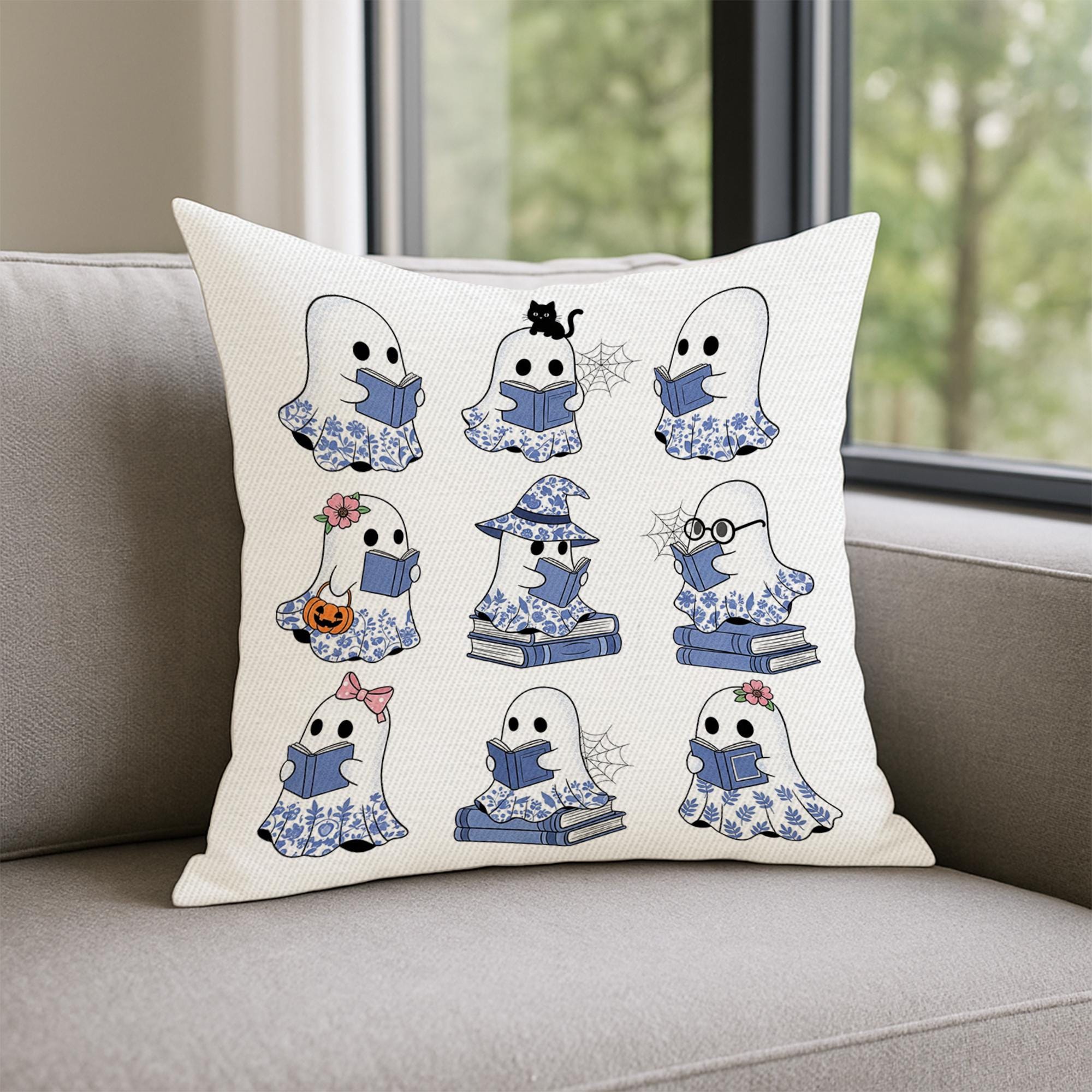Cute Ghost Reading Pillow | Halloween Throw Pillow with Books | Spooky Book Lover Cushion | Gothic Fall Home Decor Gift