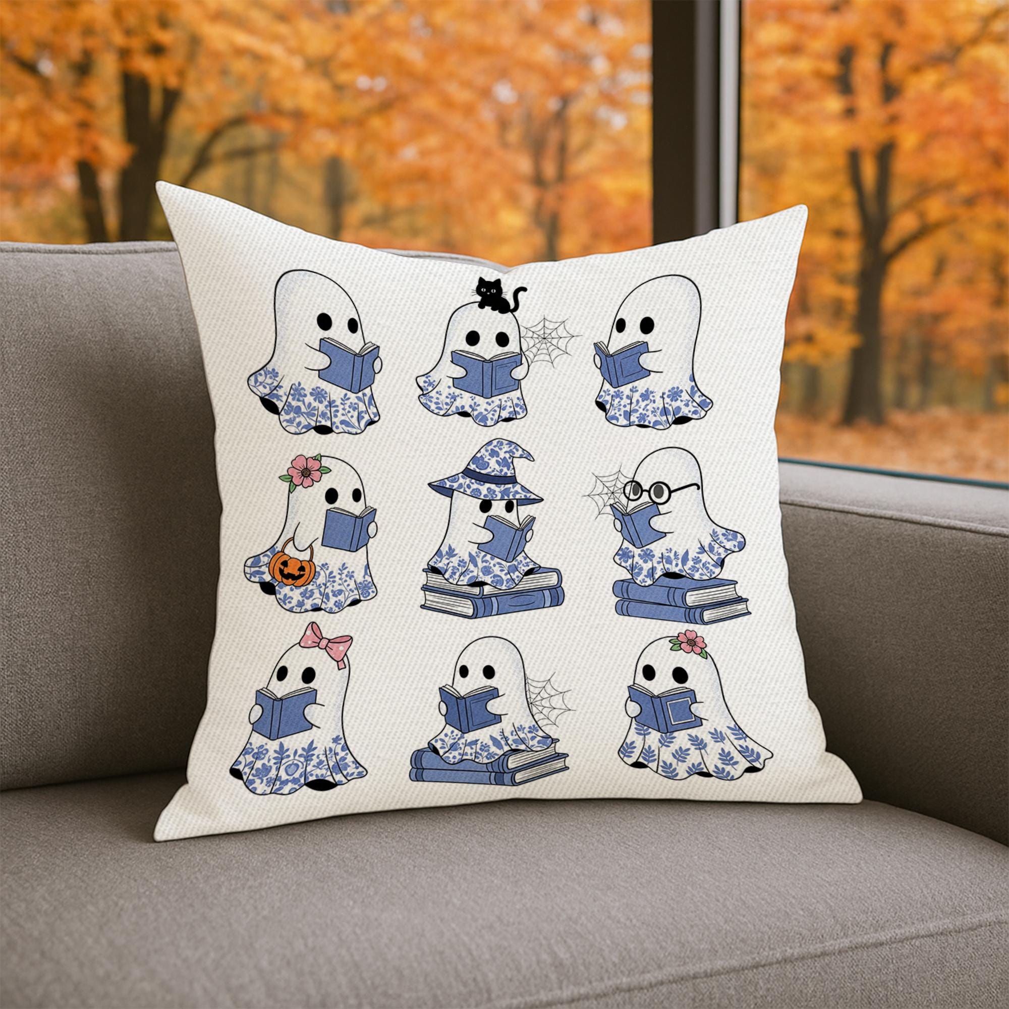 Cute Ghost Reading Pillow | Halloween Throw Pillow with Books | Spooky Book Lover Cushion | Gothic Fall Home Decor Gift
