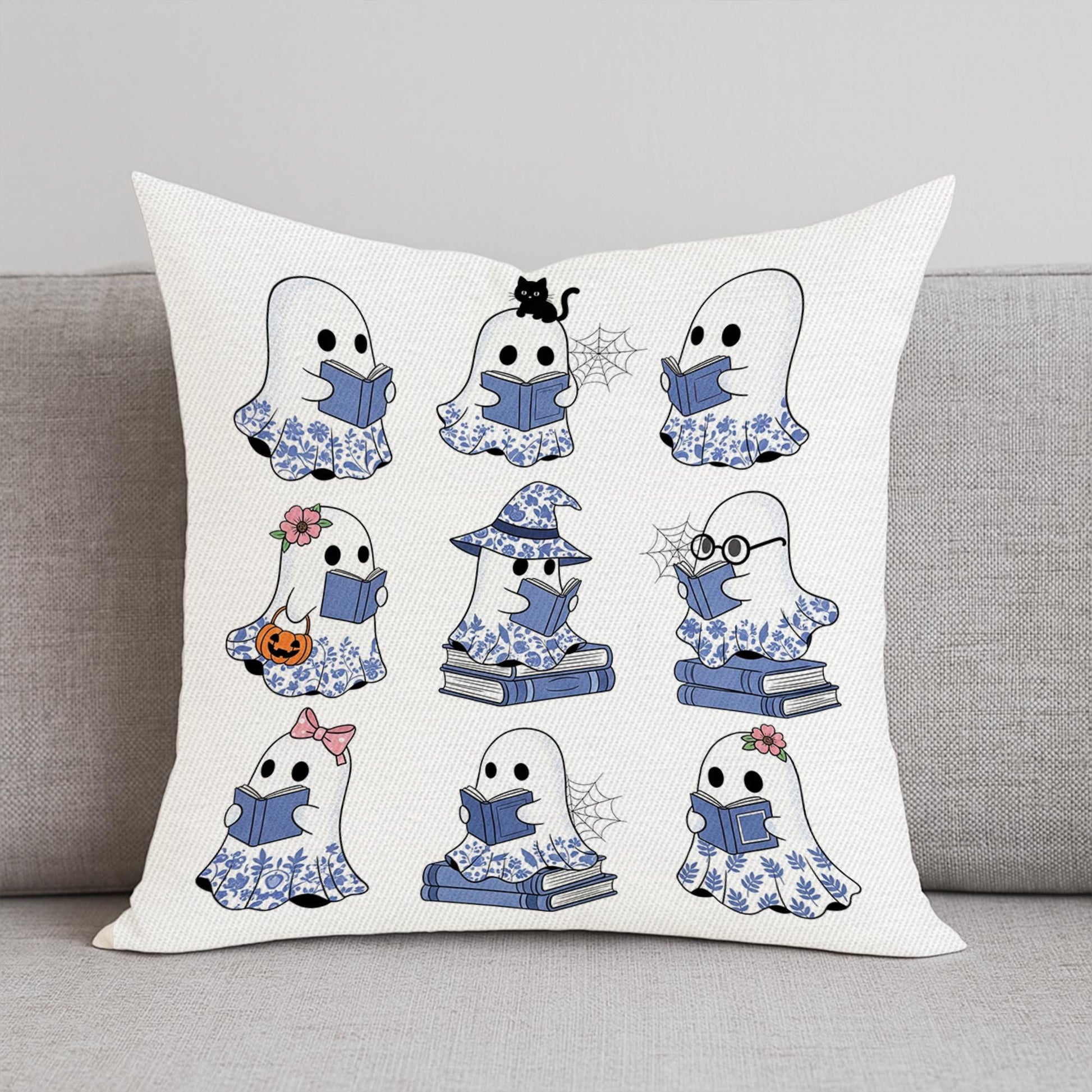 Cute Ghost Reading Pillow | Halloween Throw Pillow with Books | Spooky Book Lover Cushion | Gothic Fall Home Decor Gift