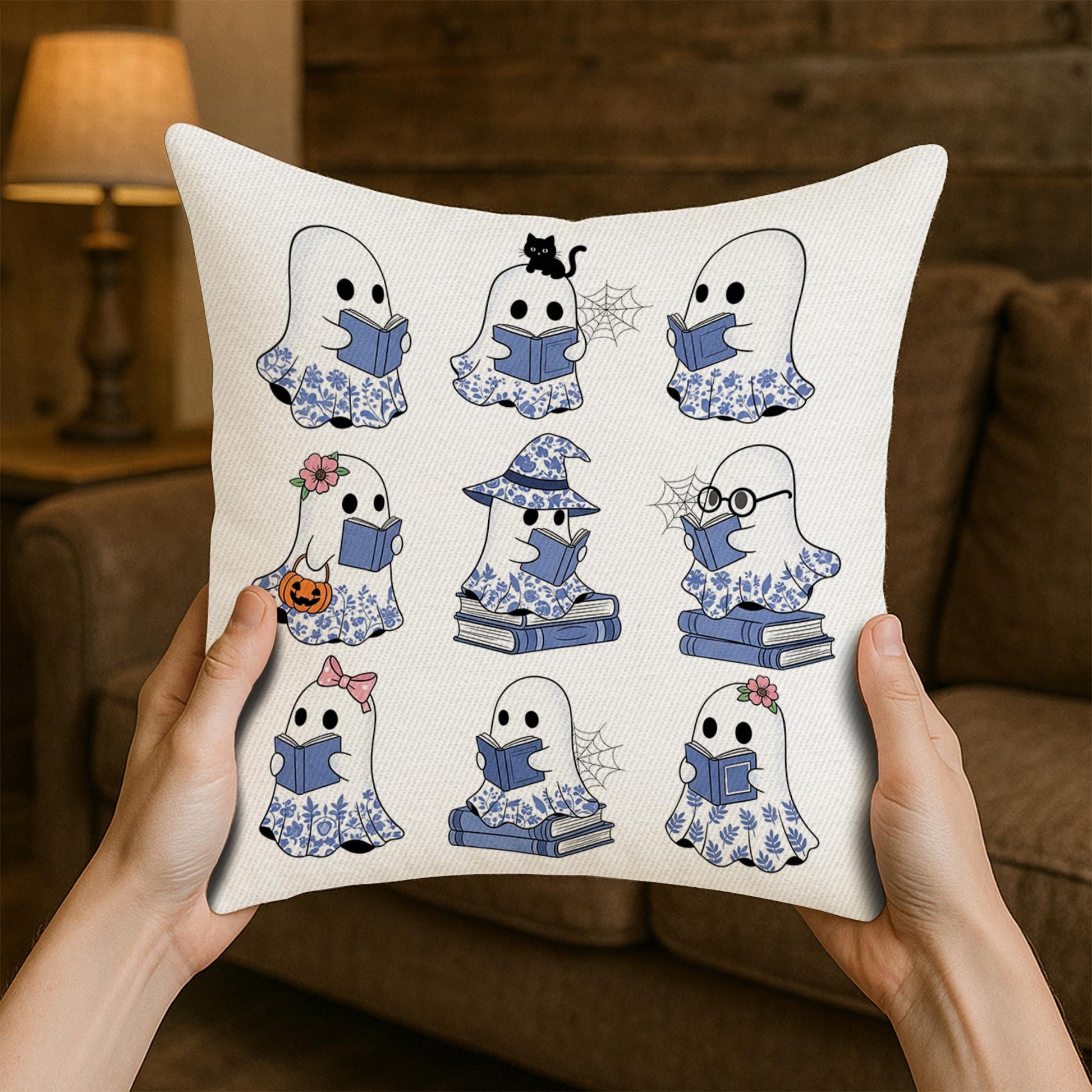 Cute Ghost Reading Pillow | Halloween Throw Pillow with Books | Spooky Book Lover Cushion | Gothic Fall Home Decor Gift