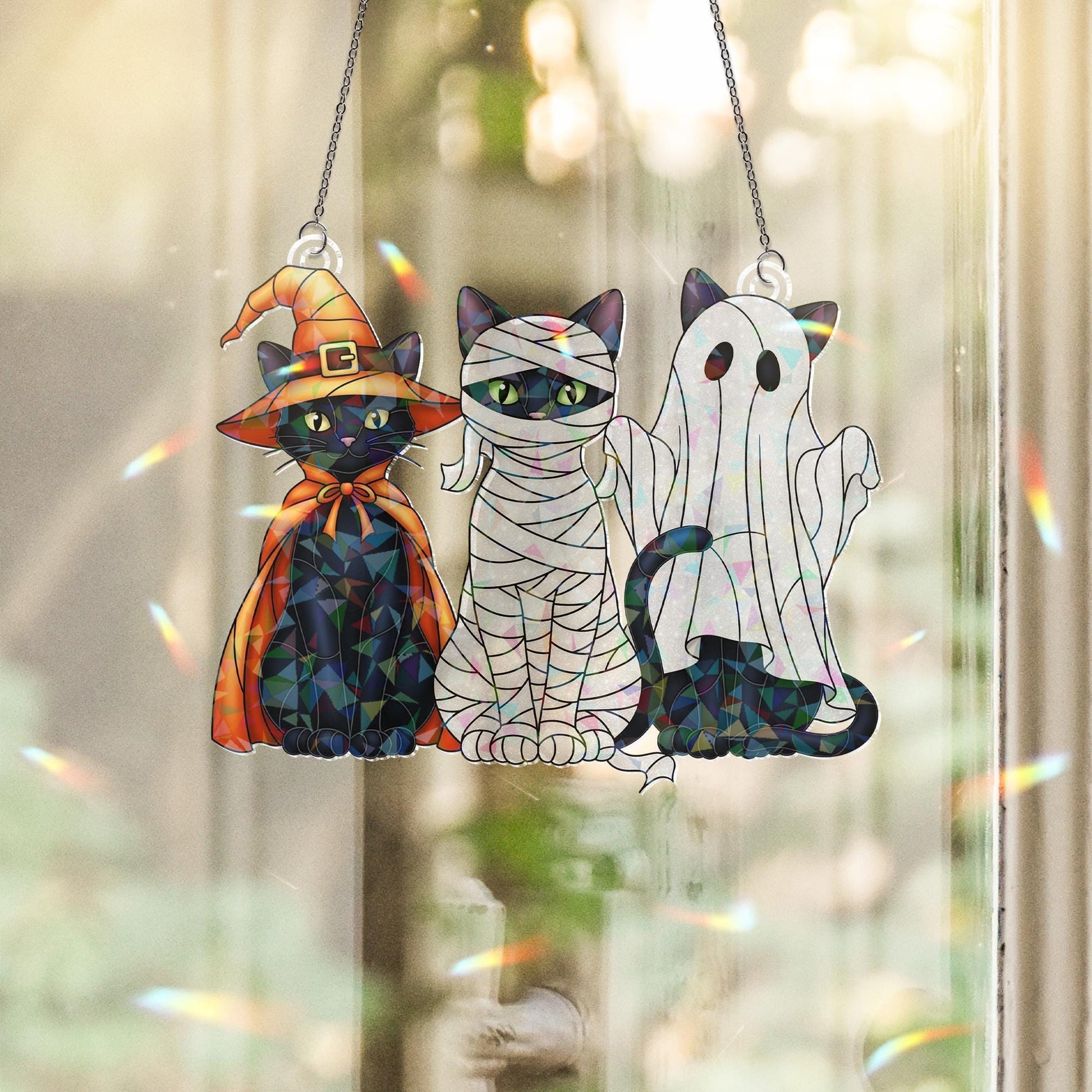 Halloween Cat Acrylic Window Hanging, Witch Mummy Ghost Black Cat Holographic Suncatcher, Spooky Style Decor, Acrylic Suncatcher