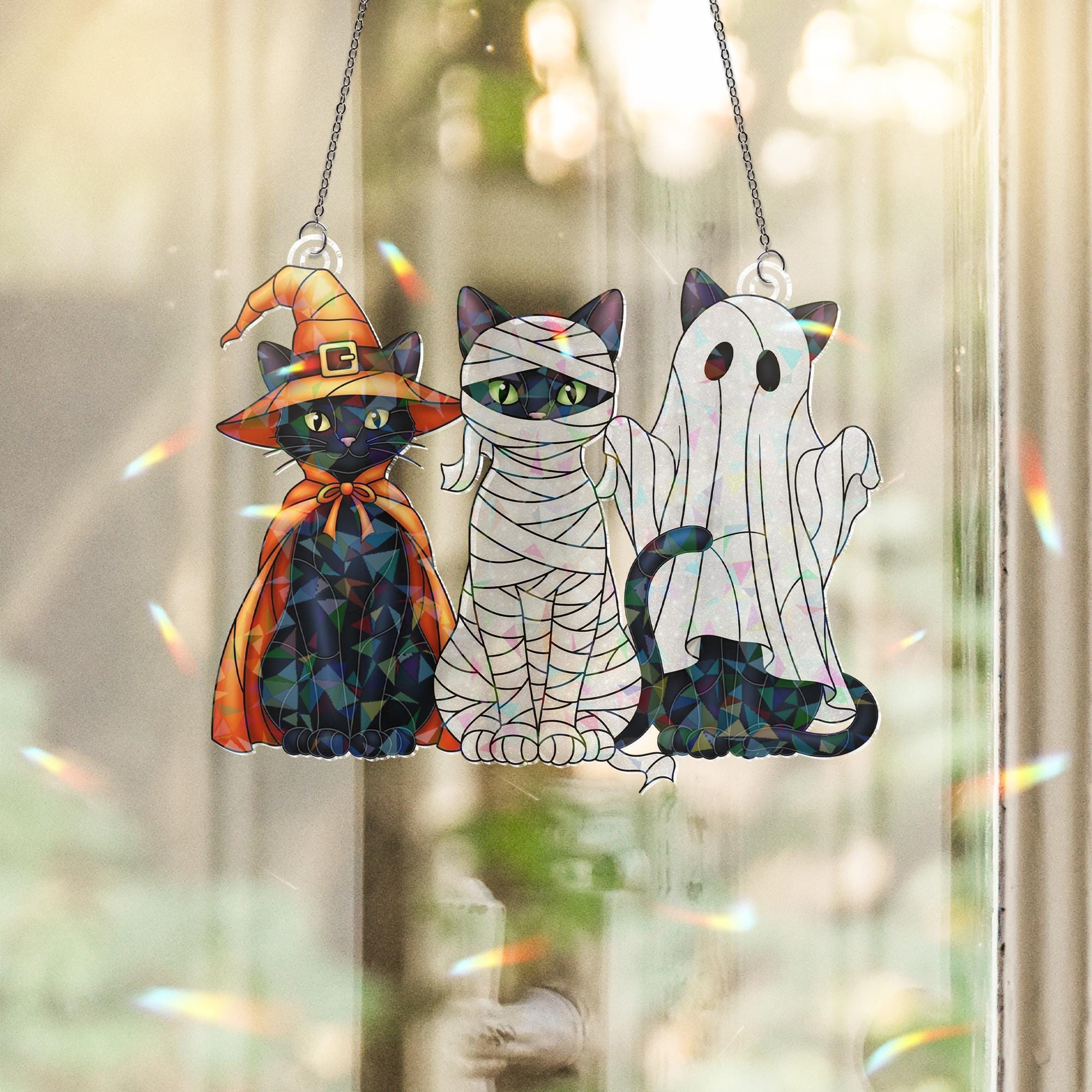 Halloween Cat Acrylic Window Hanging, Witch Mummy Ghost Black Cat Holographic Suncatcher, Spooky Style Decor, Acrylic Suncatcher
