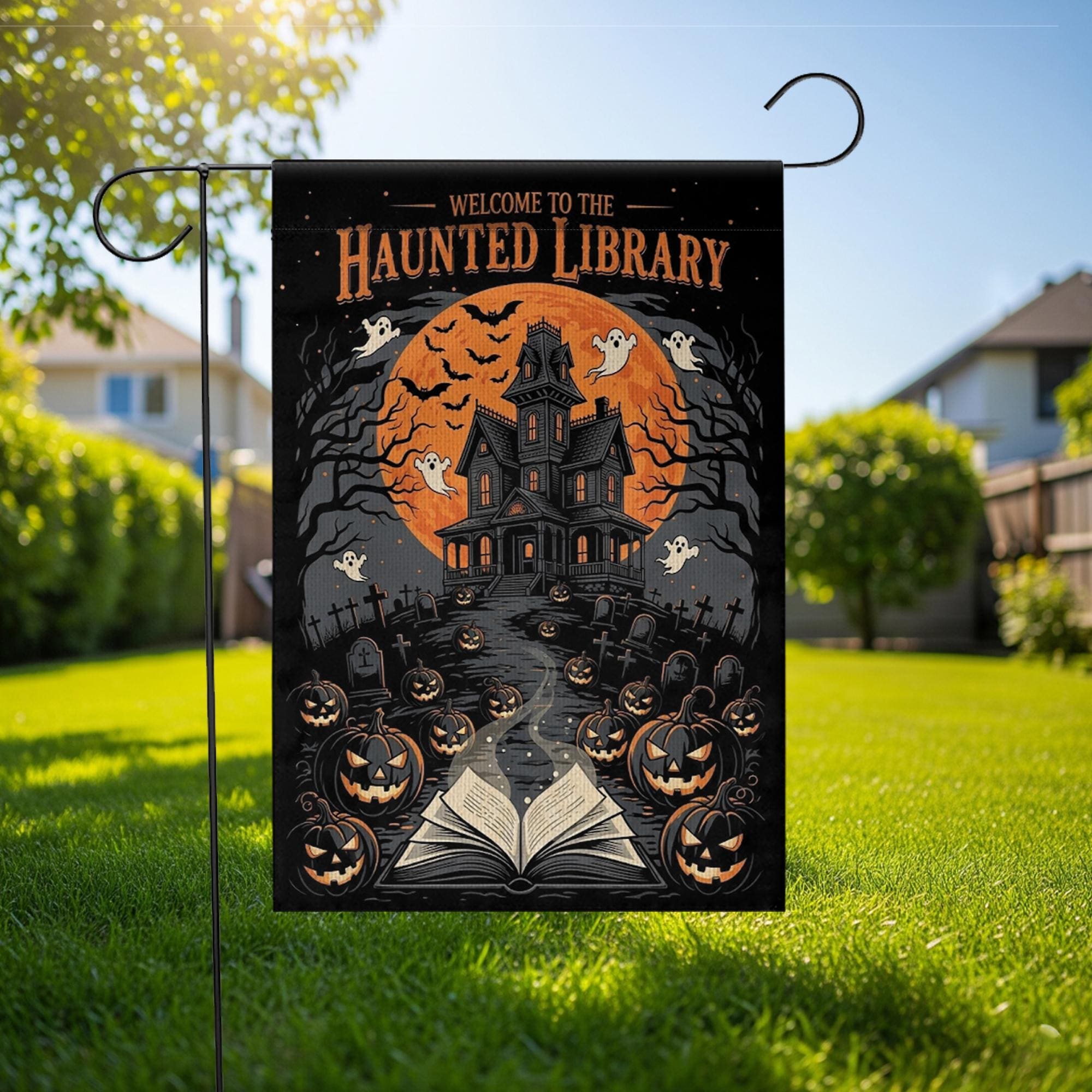 Haunted Library Garden Flag | Halloween Ghost Pumpkin Yard Sign | Spooky Haunted House Outdoor Decor | Scary Book Lover Banner