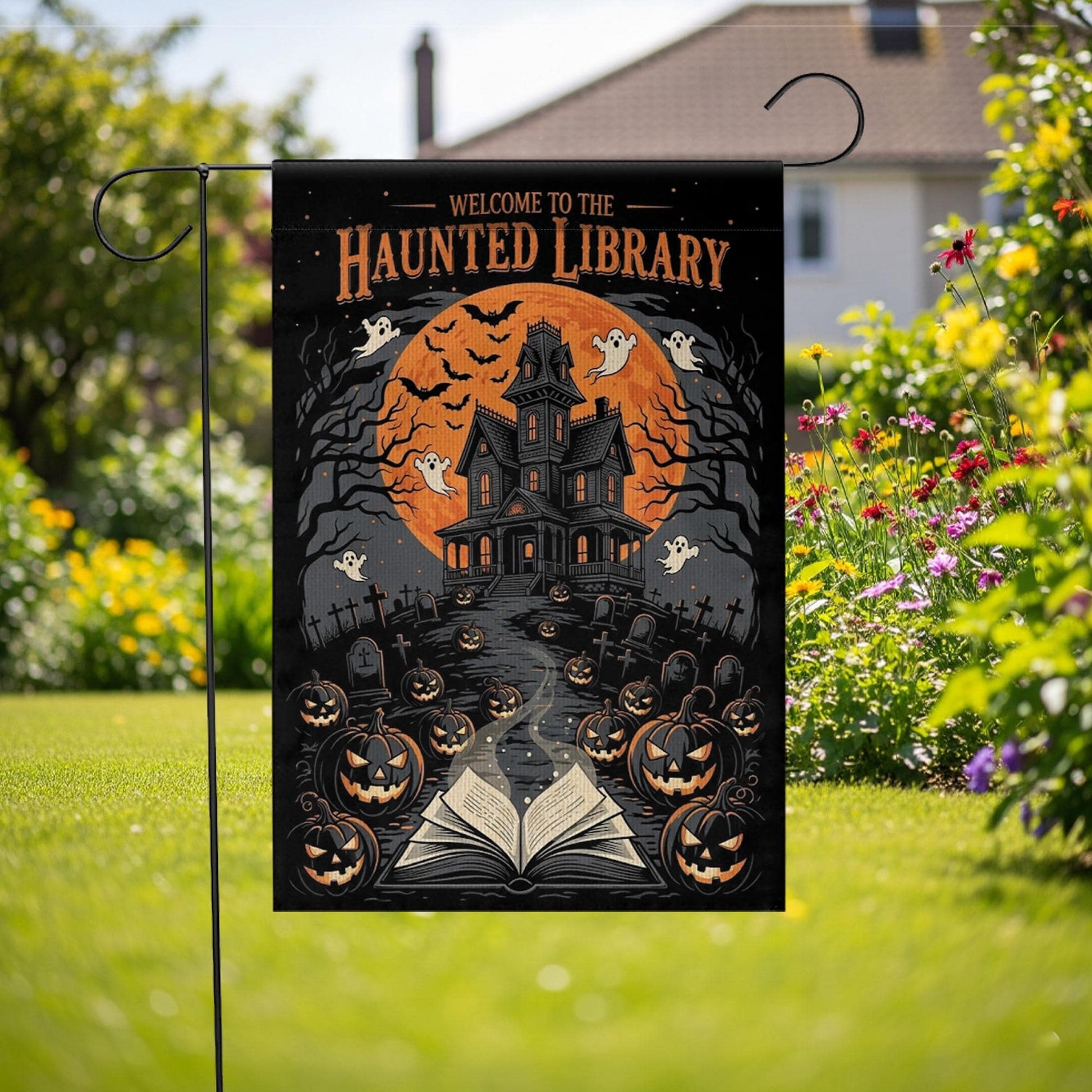 Haunted Library Garden Flag | Halloween Ghost Pumpkin Yard Sign | Spooky Haunted House Outdoor Decor | Scary Book Lover Banner