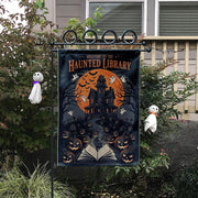 Haunted Library Garden Flag | Halloween Ghost Pumpkin Yard Sign | Spooky Haunted House Outdoor Decor | Scary Book Lover Banner