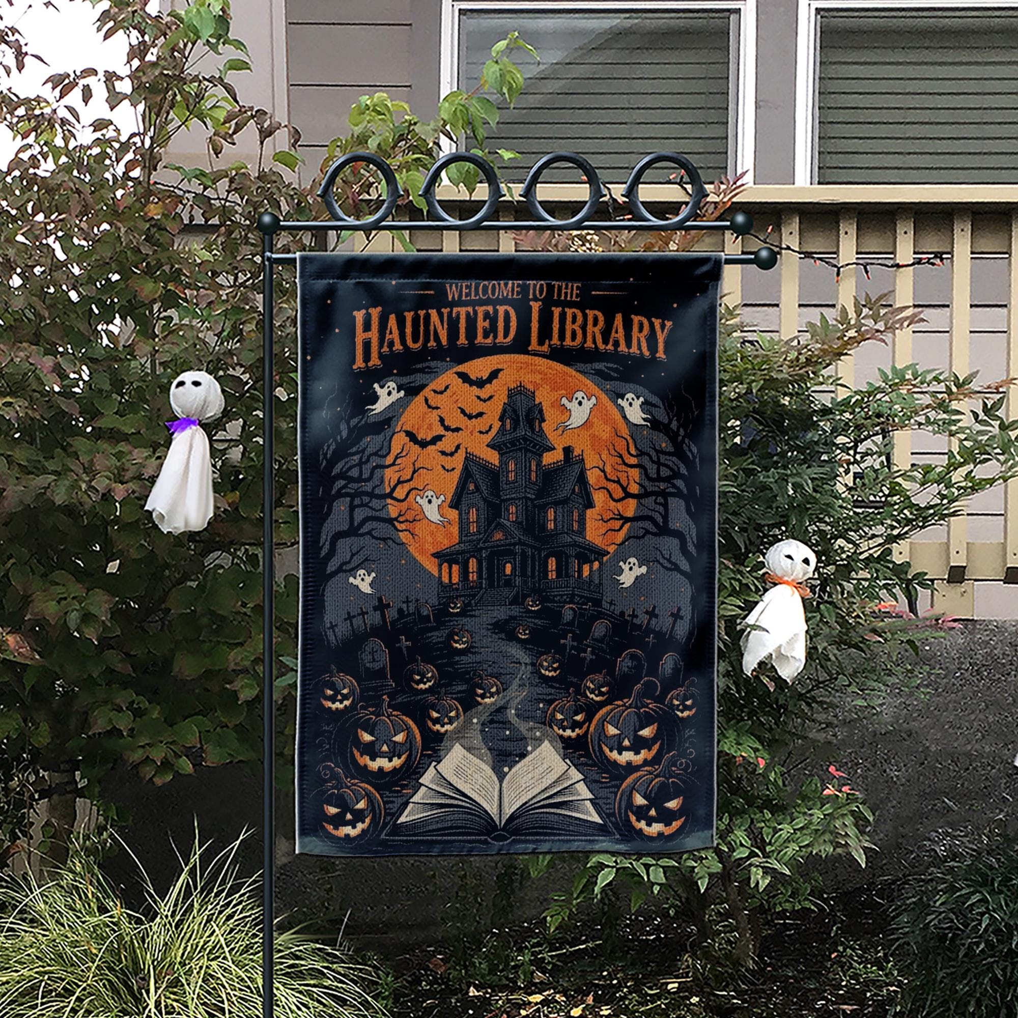 Haunted Library Garden Flag | Halloween Ghost Pumpkin Yard Sign | Spooky Haunted House Outdoor Decor | Scary Book Lover Banner
