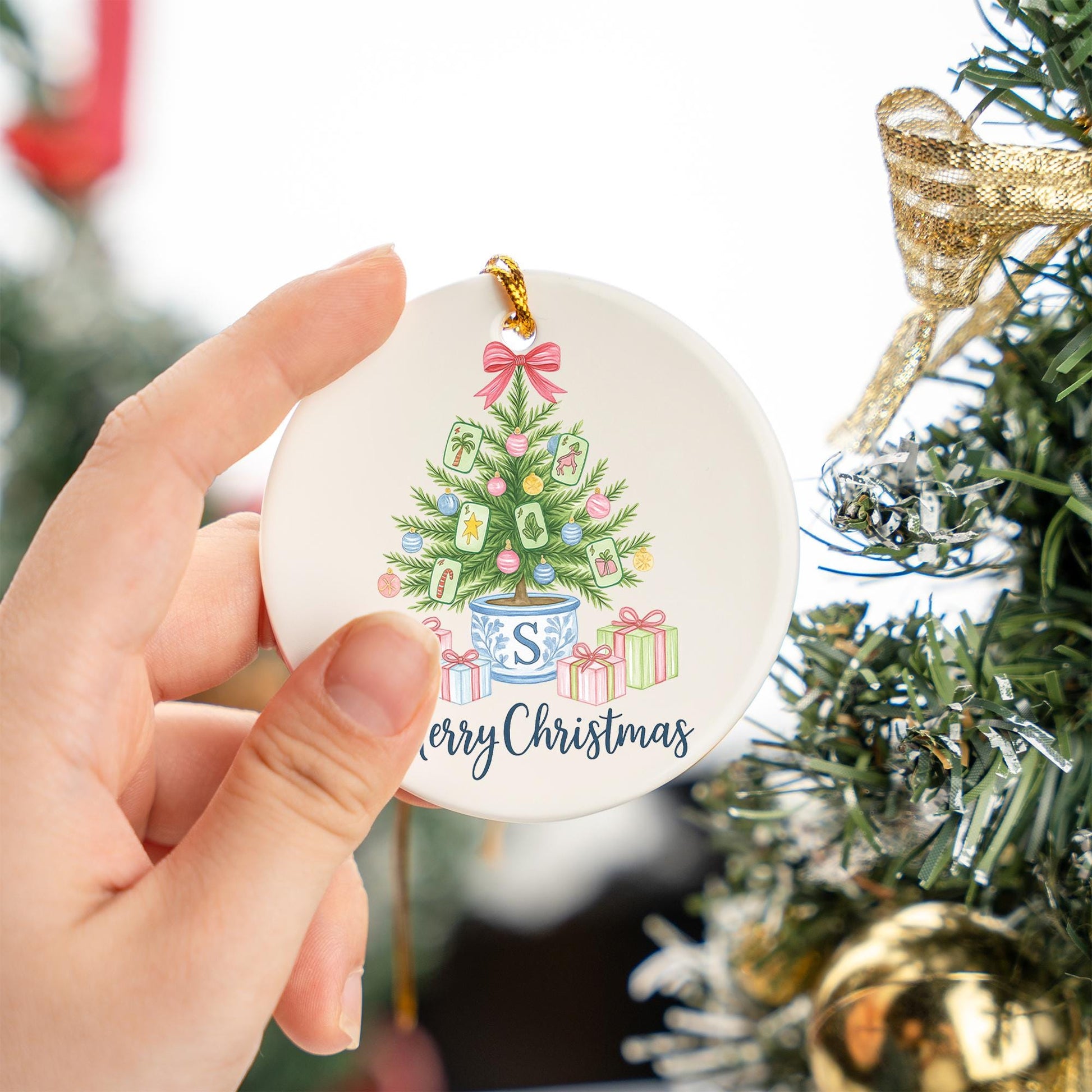 Custom Chinoiserie Mahjong Ornament | Personalized Blue and White Ceramic Christmas Tree Decoration | Mahjong Lover Holiday Gift