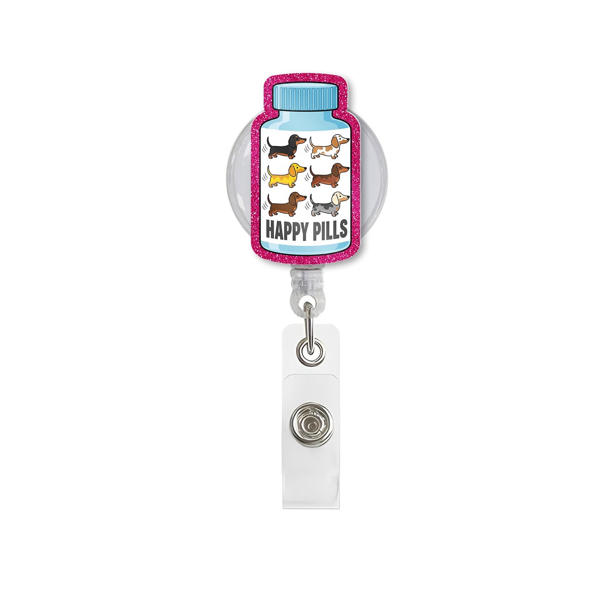 Dachshund Badge Reel, Cute Weiner Dog ID Holder for Nurse Vet Doctor, Funny Dog Retractable Badge Clip, Happy Pills Dog Lover Gift