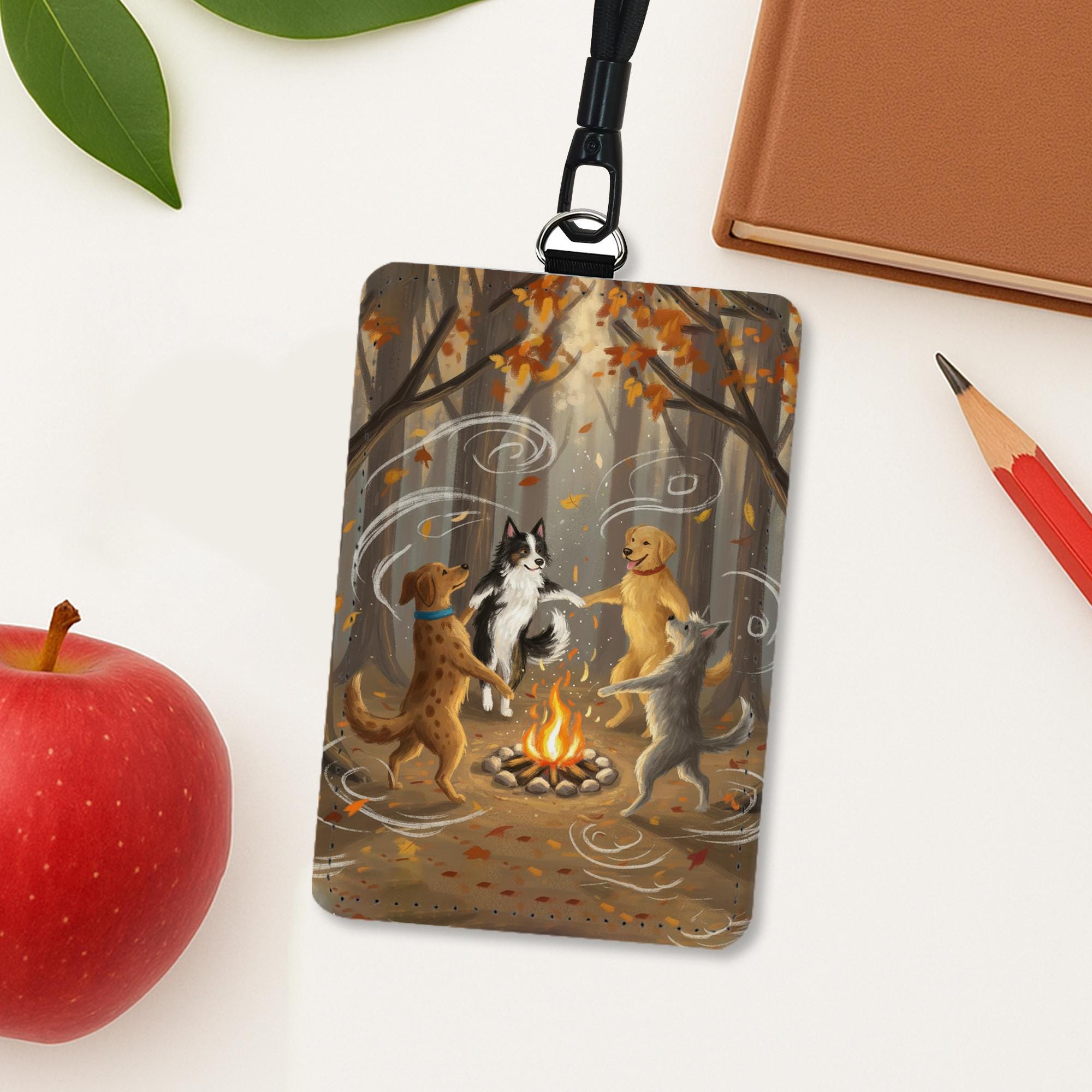 Dog Lover Lanyard, Campfire ID Holder, Golden Retriever, Border Collie, Autumn Forest Accessory, Fall Dog Mom Gift, Cute Pet Badge Holder
