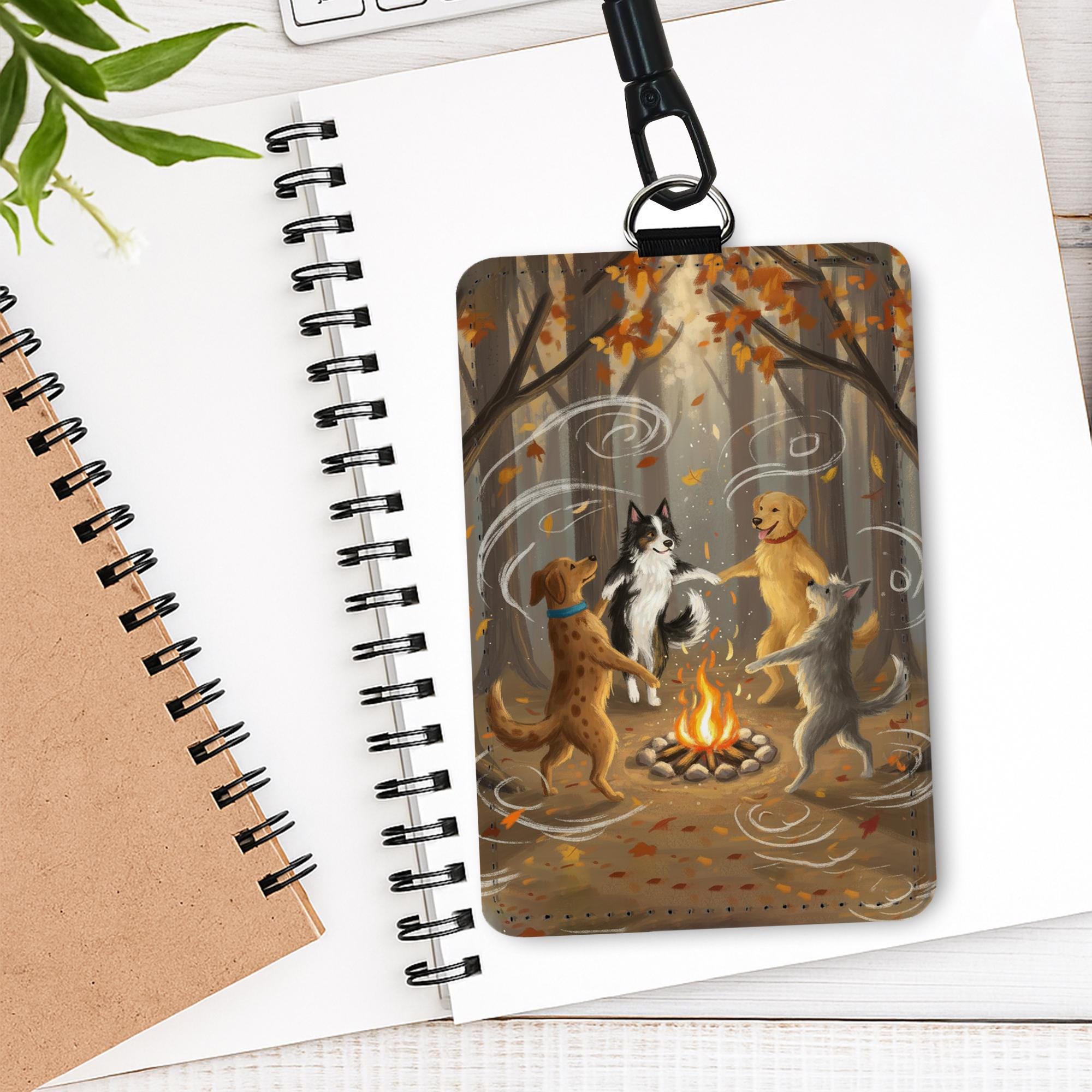 Dog Lover Lanyard, Campfire ID Holder, Golden Retriever, Border Collie, Autumn Forest Accessory, Fall Dog Mom Gift, Cute Pet Badge Holder