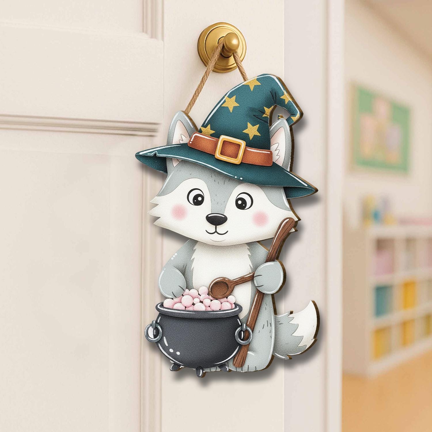 Halloween Wolf Door Hanger, Spooky Fall Decor, Witchy Wolf with Cauldron, Pumpkin Wolf Welcome Sign, Cute Autumn Decor, Seasonal Front Door