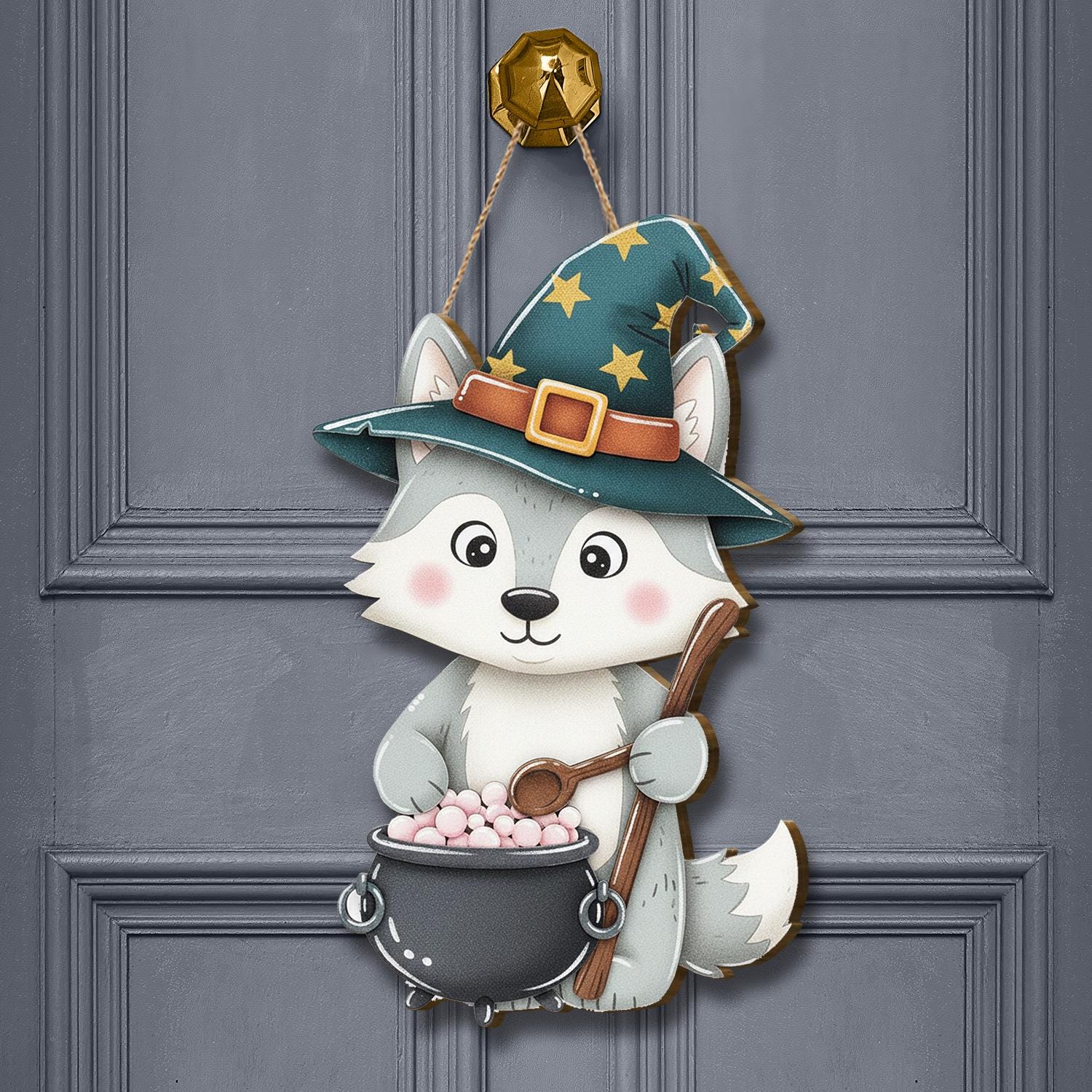 Halloween Wolf Door Hanger, Spooky Fall Decor, Witchy Wolf with Cauldron, Pumpkin Wolf Welcome Sign, Cute Autumn Decor, Seasonal Front Door