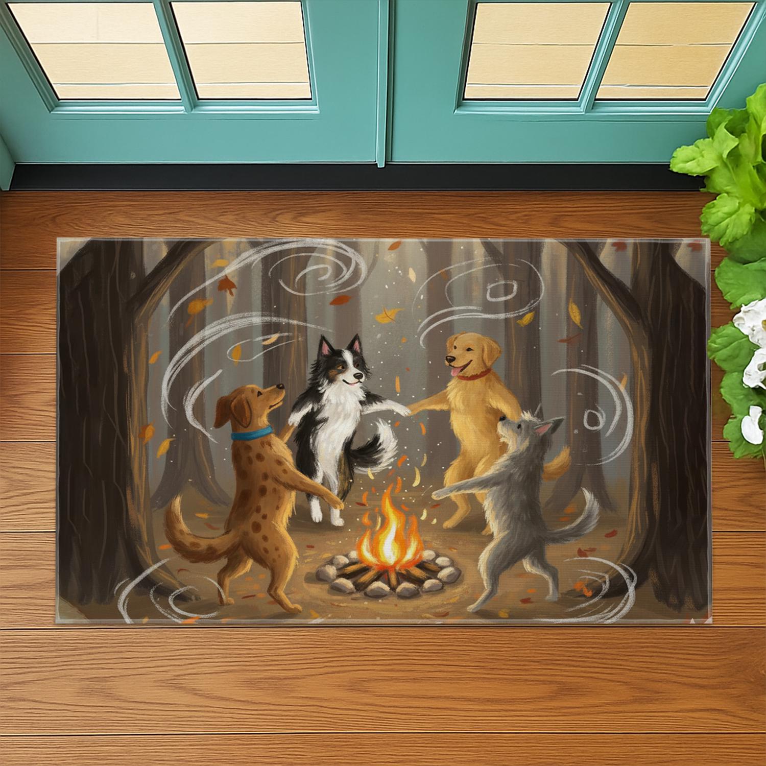 Fall Doormat, Dogs Around Campfire, Autumn Welcome Mat, Dog Lover Gift, Happy Dogs Dancing, Cute Pet Mat, Front Porch Decor, Home Decor