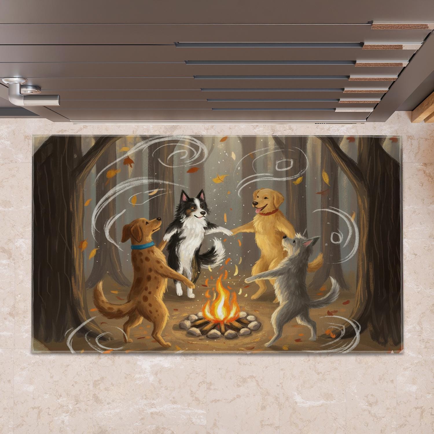 Fall Doormat, Dogs Around Campfire, Autumn Welcome Mat, Dog Lover Gift, Happy Dogs Dancing, Cute Pet Mat, Front Porch Decor, Home Decor