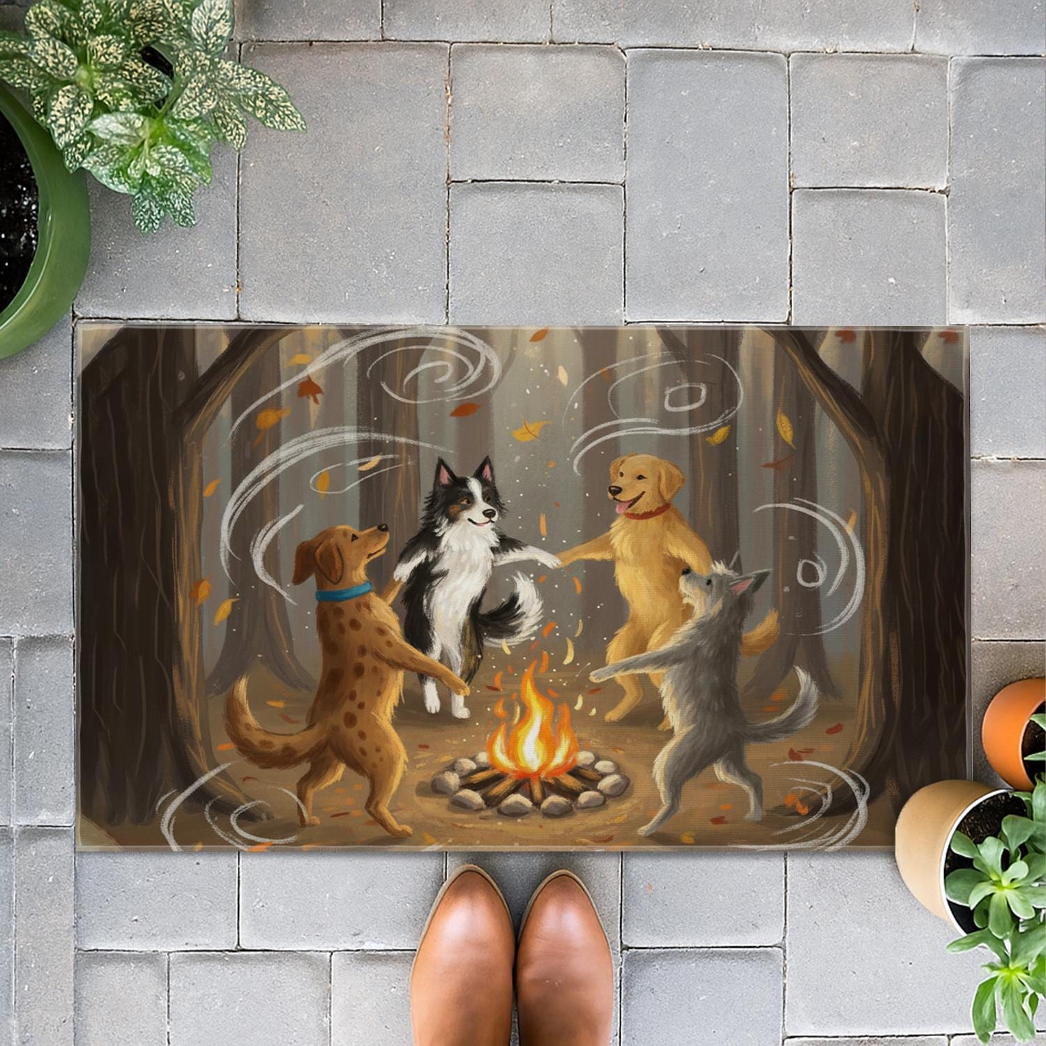 Fall Doormat, Dogs Around Campfire, Autumn Welcome Mat, Dog Lover Gift, Happy Dogs Dancing, Cute Pet Mat, Front Porch Decor, Home Decor