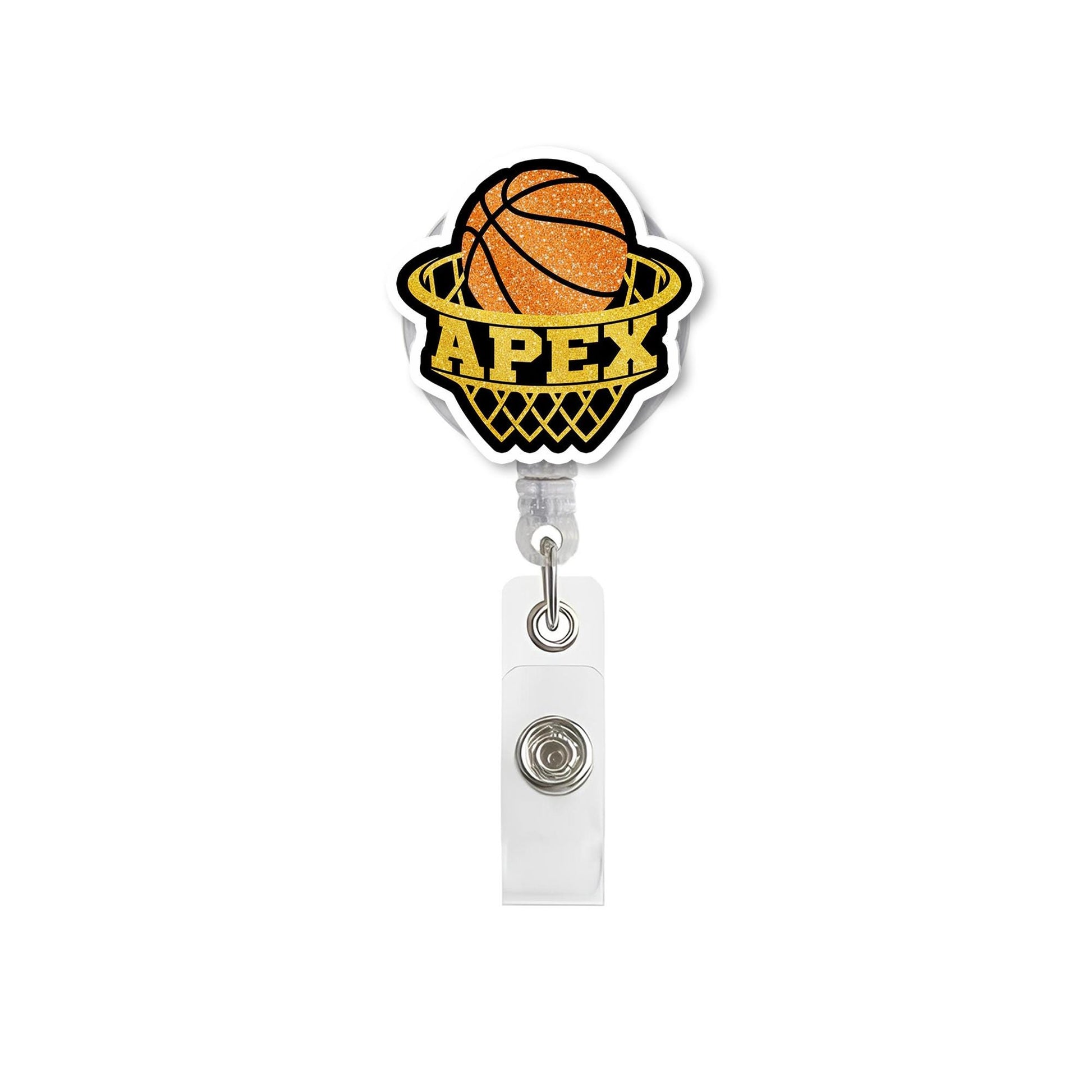 Basketball Badge Reel with Glitter, Sports Retractable ID Holder, Custom Glitter Badge Clip for Nurse, Student, Coach, or Fan