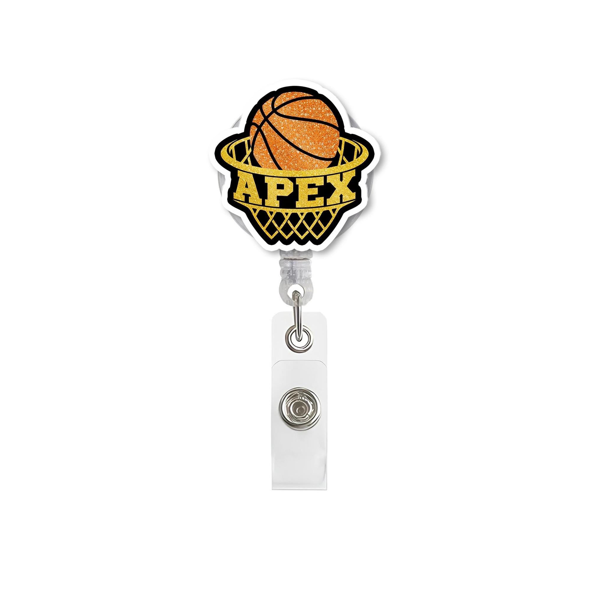 Basketball Badge Reel with Glitter, Sports Retractable ID Holder, Custom Glitter Badge Clip for Nurse, Student, Coach, or Fan
