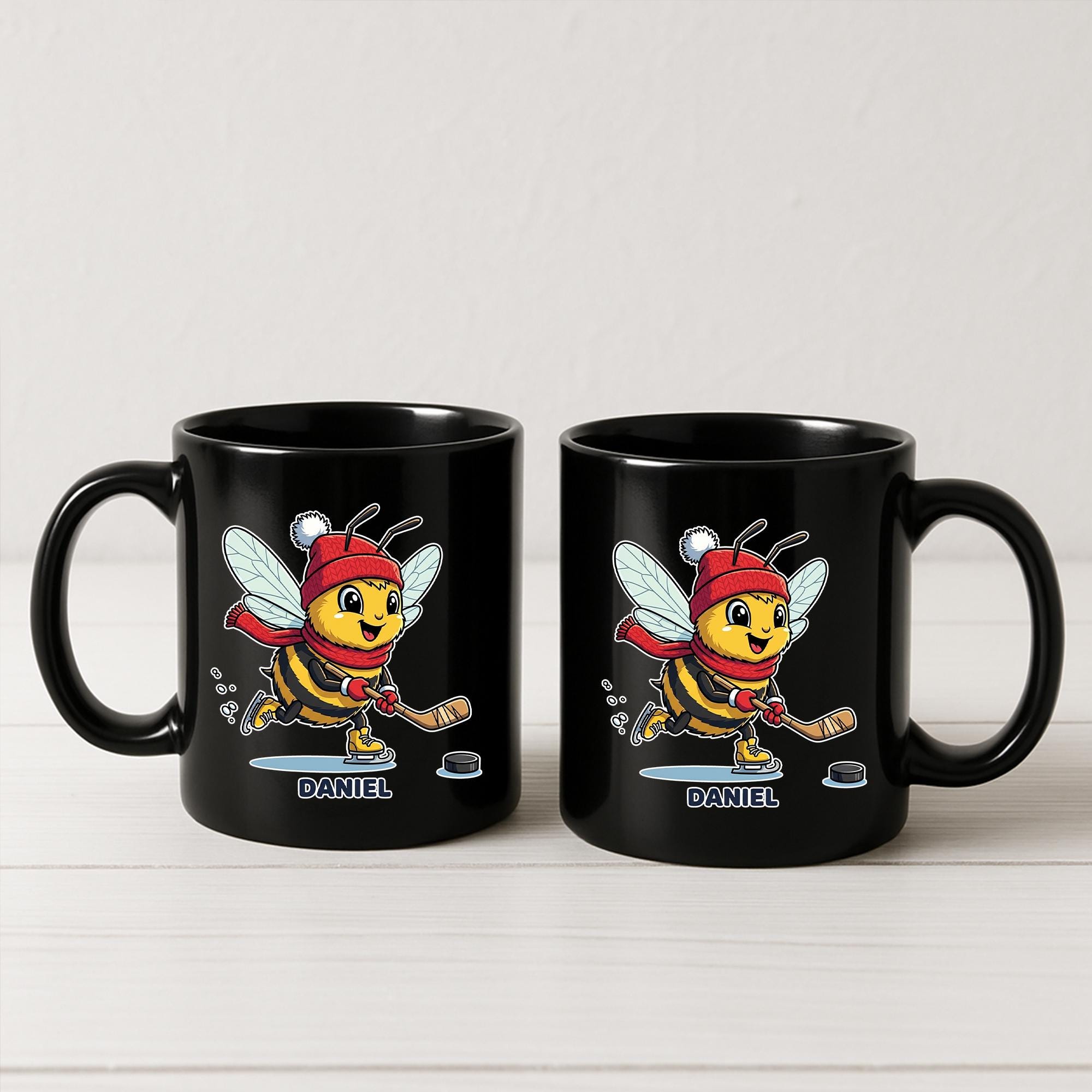 Personalized Hockey Bee Mug, Custom Coffee Cup for Hockey Player or Fan, Winter Sports Gift for Kids, Hockey Coach or Team Gift