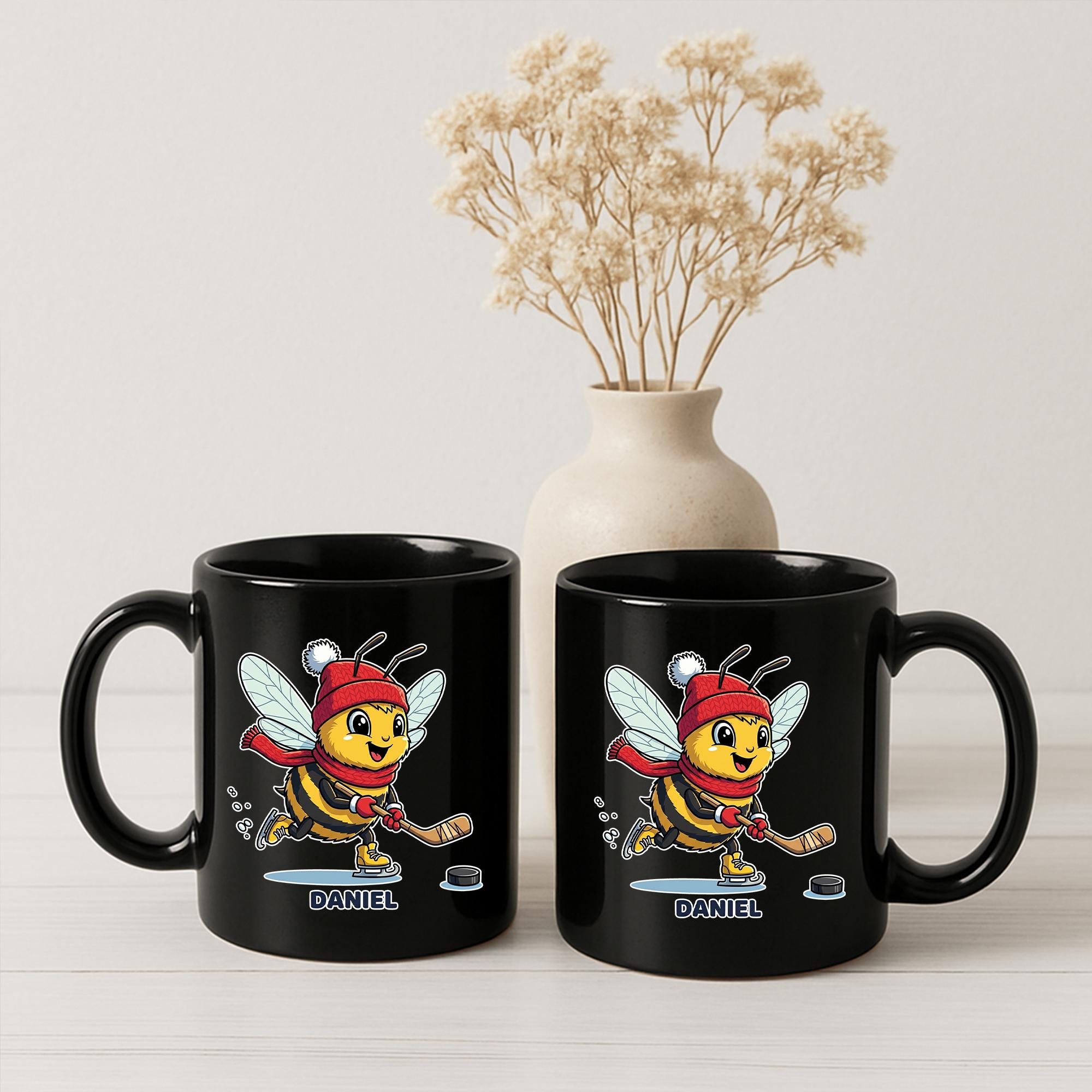 Personalized Hockey Bee Mug, Custom Coffee Cup for Hockey Player or Fan, Winter Sports Gift for Kids, Hockey Coach or Team Gift
