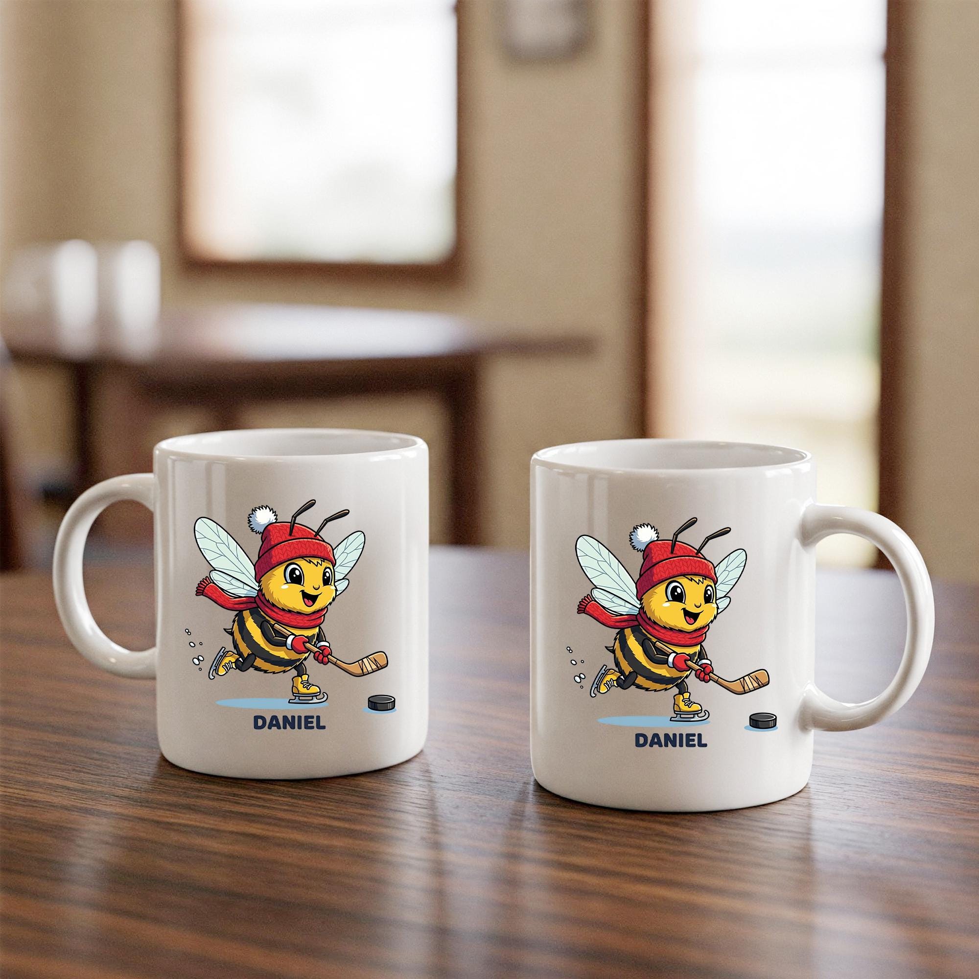 Personalized Hockey Bee Mug, Custom Coffee Cup for Hockey Player or Fan, Winter Sports Gift for Kids, Hockey Coach or Team Gift