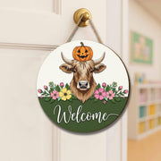 Rustic Cow Welcome Sign: Farmhouse Pumpkin Wooden Door Hanger