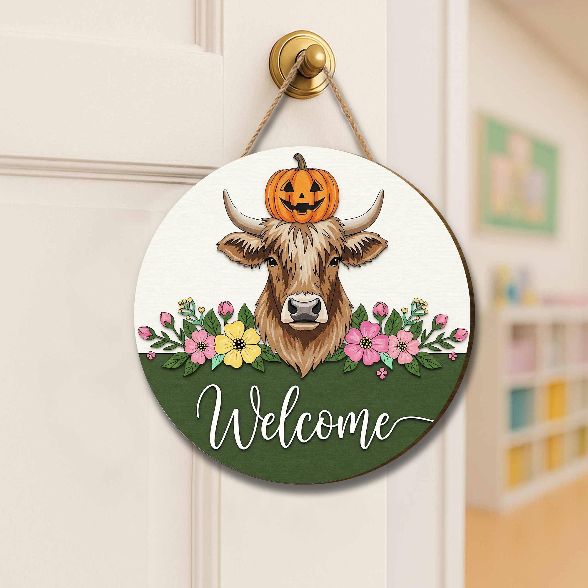Rustic Cow Welcome Sign: Farmhouse Pumpkin Wooden Door Hanger