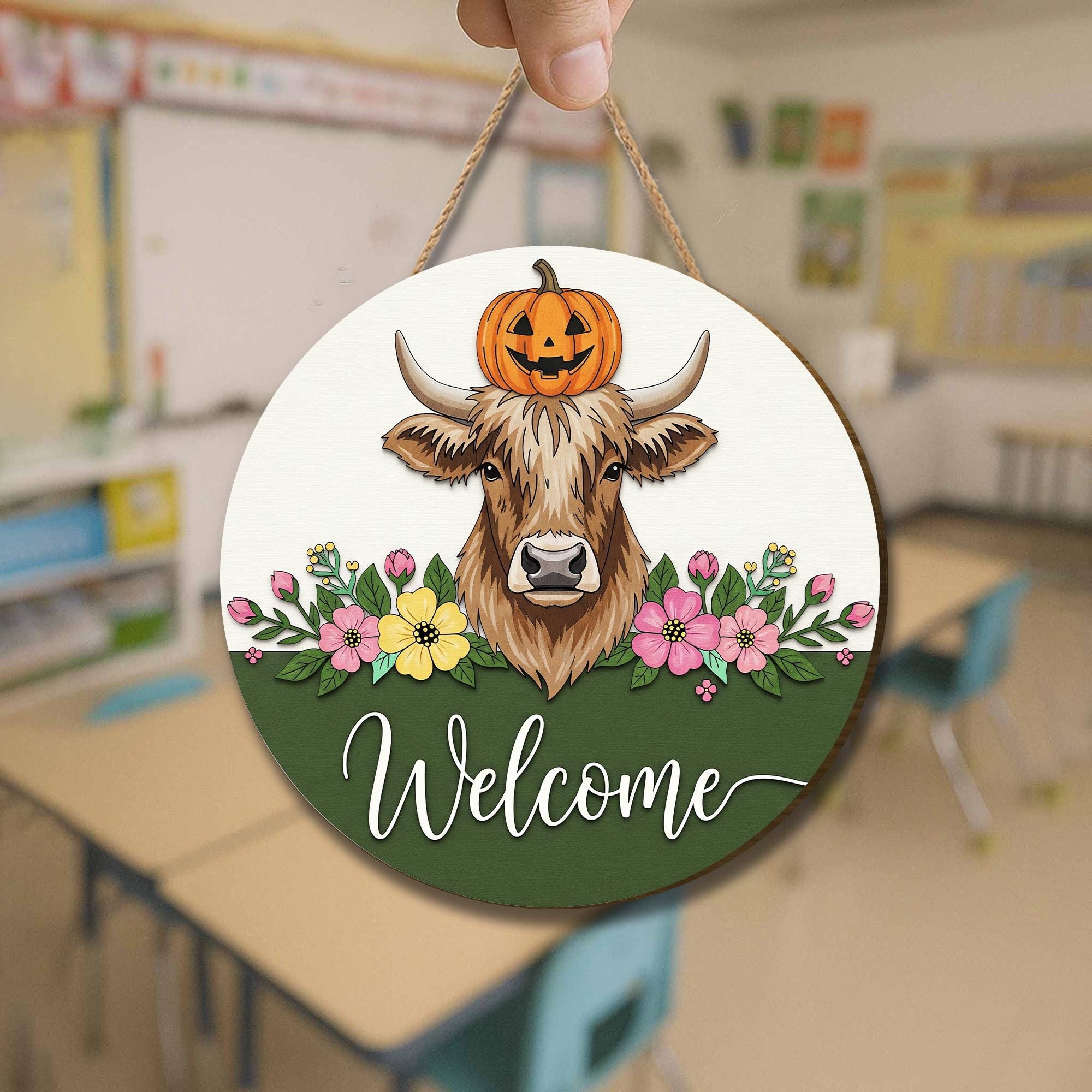 Rustic Cow Welcome Sign: Farmhouse Pumpkin Wooden Door Hanger