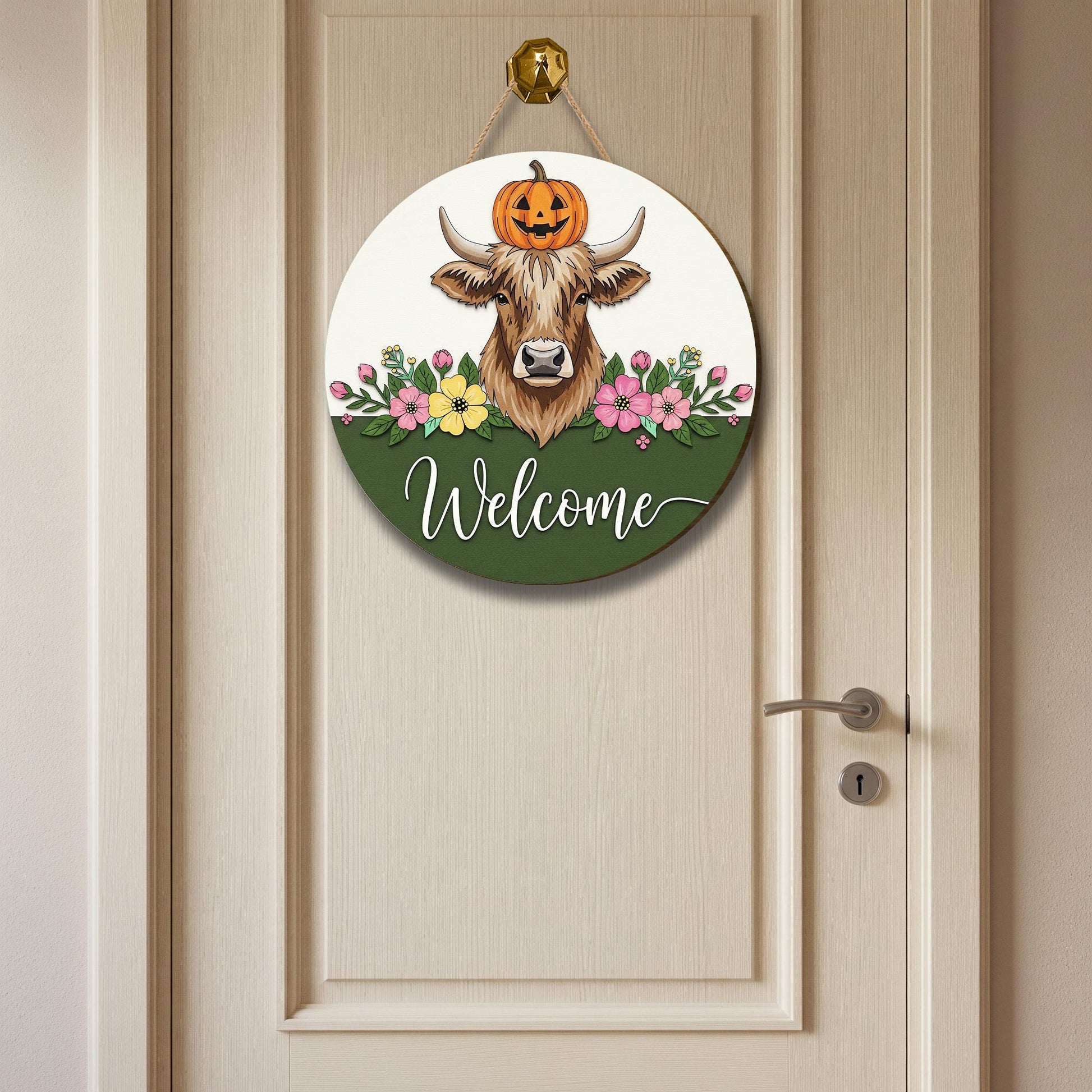 Rustic Cow Welcome Sign: Farmhouse Pumpkin Wooden Door Hanger