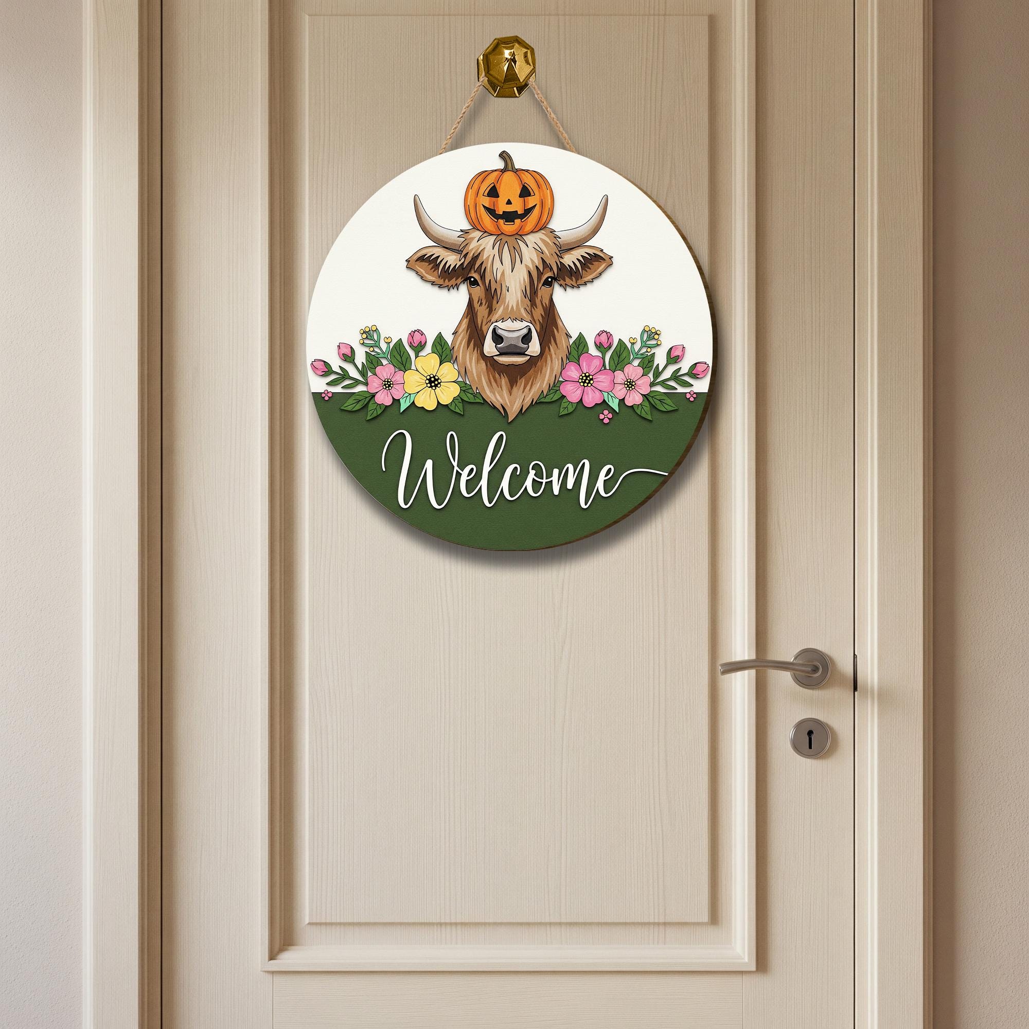 Rustic Cow Welcome Sign: Farmhouse Pumpkin Wooden Door Hanger