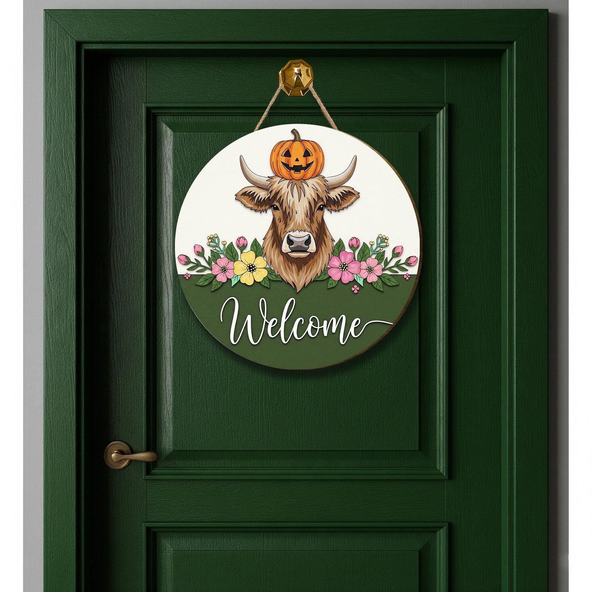 Rustic Cow Welcome Sign: Farmhouse Pumpkin Wooden Door Hanger