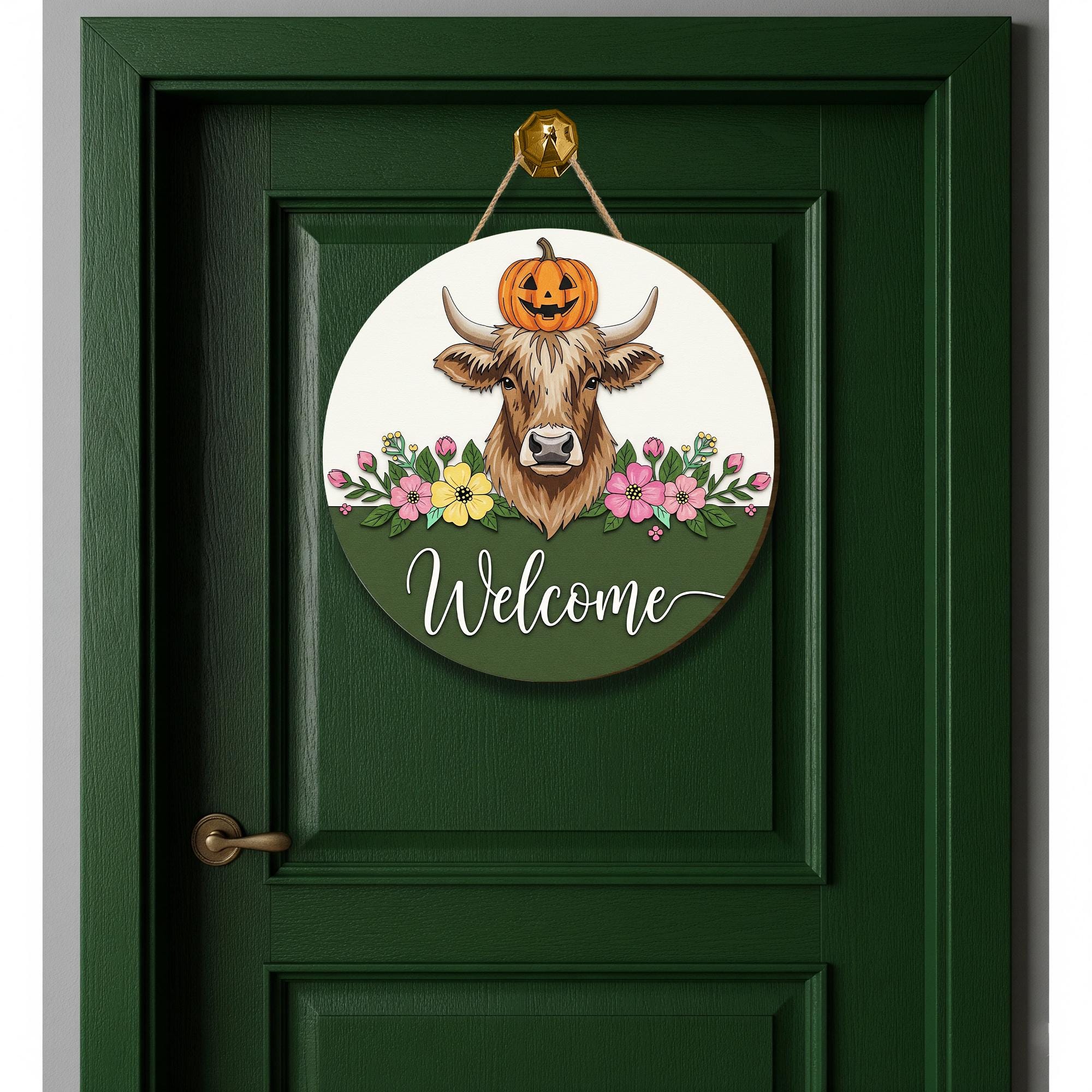 Rustic Cow Welcome Sign: Farmhouse Pumpkin Wooden Door Hanger