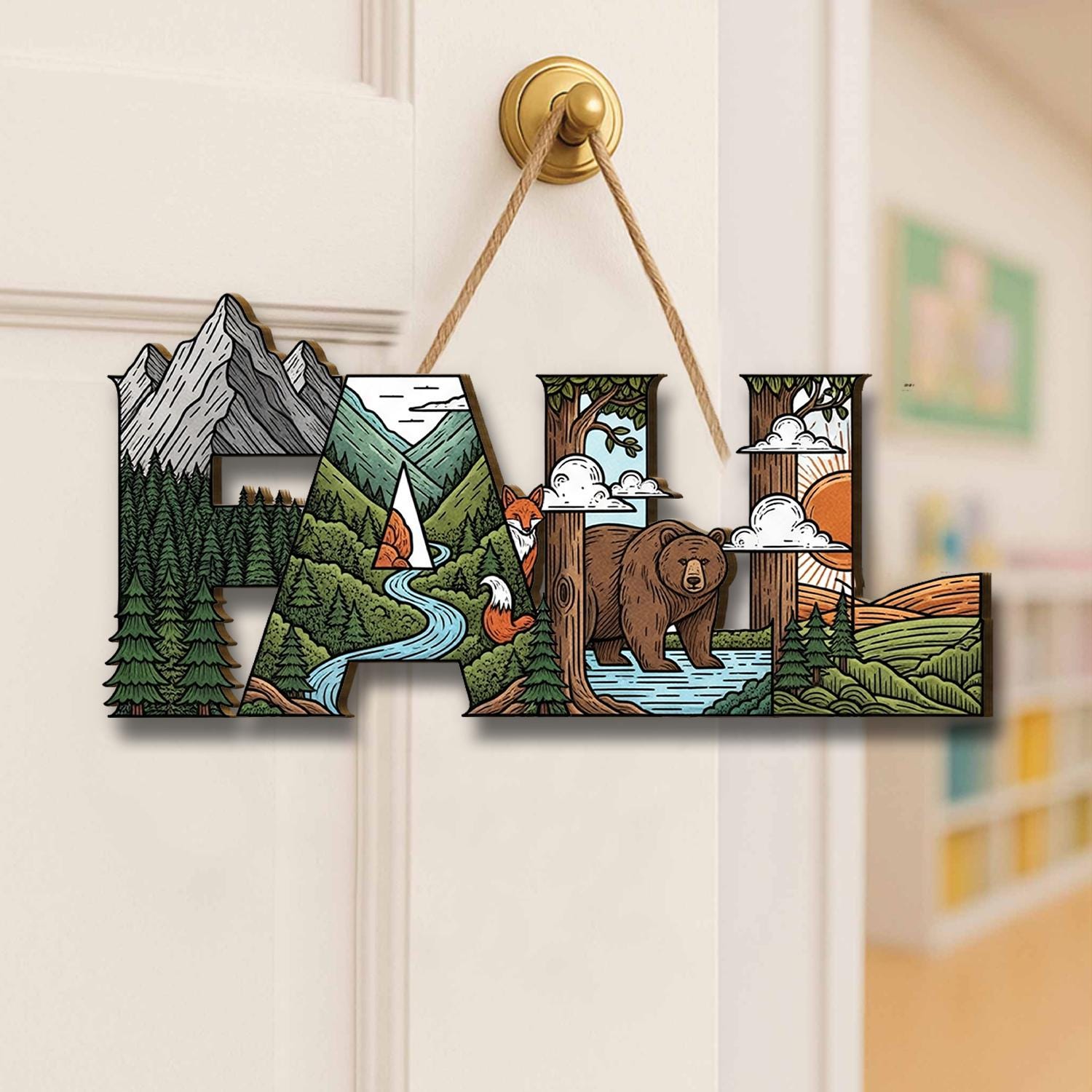 Layered "FALL" Door Sign, 3D Autumn Welcome Sign, Rustic Fall Decor, Woodland Animals Door Hanger, Mountain Bear & Fox Wall Art