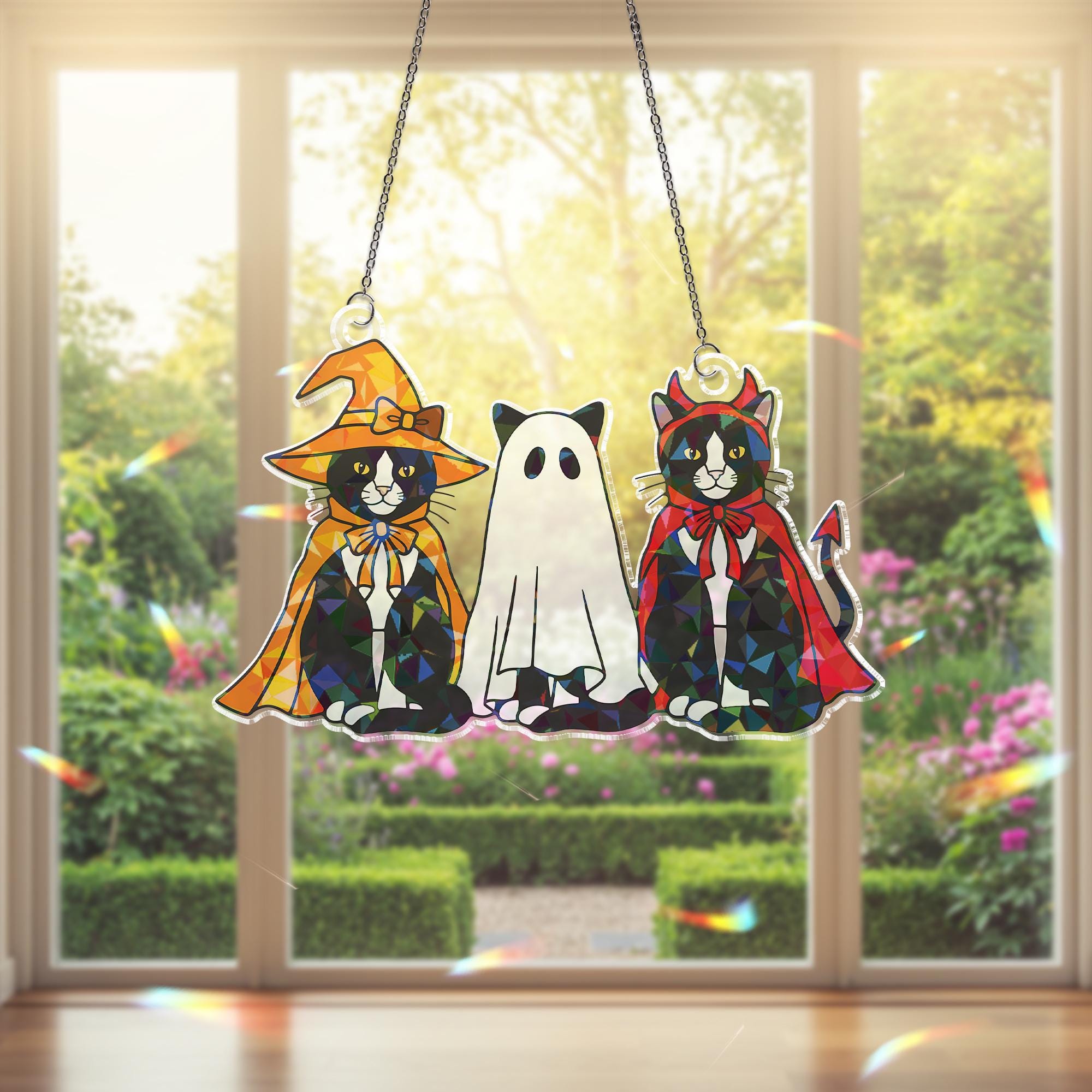Halloween Trio Tuxedo Cats Hologram Ornament – Mummy, Ghost, Witch Black Cats ACRYLIC Window Hanging, Cute Spooky Decor Gift, Cat Lovers