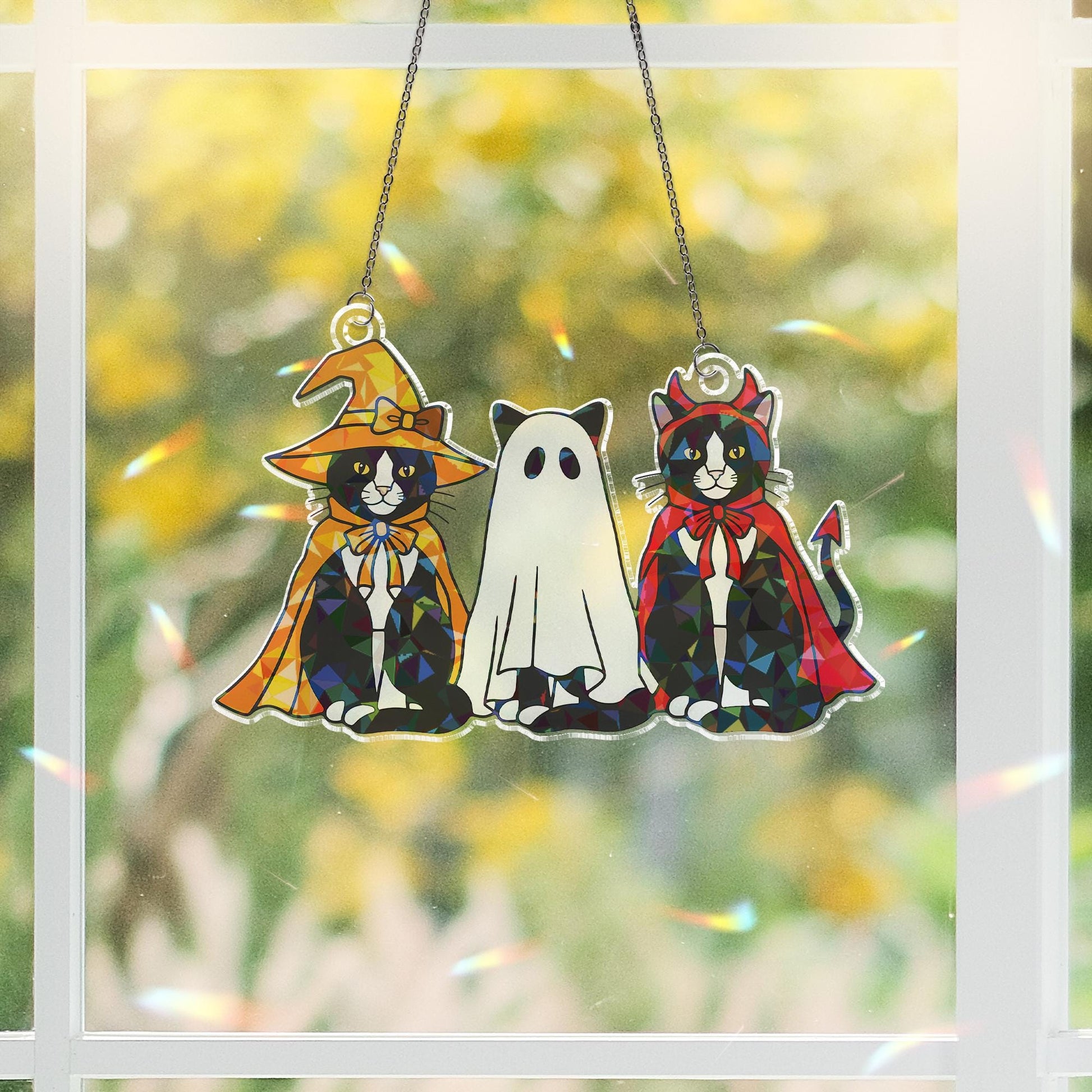 Halloween Trio Tuxedo Cats Hologram Ornament – Mummy, Ghost, Witch Black Cats ACRYLIC Window Hanging, Cute Spooky Decor Gift, Cat Lovers