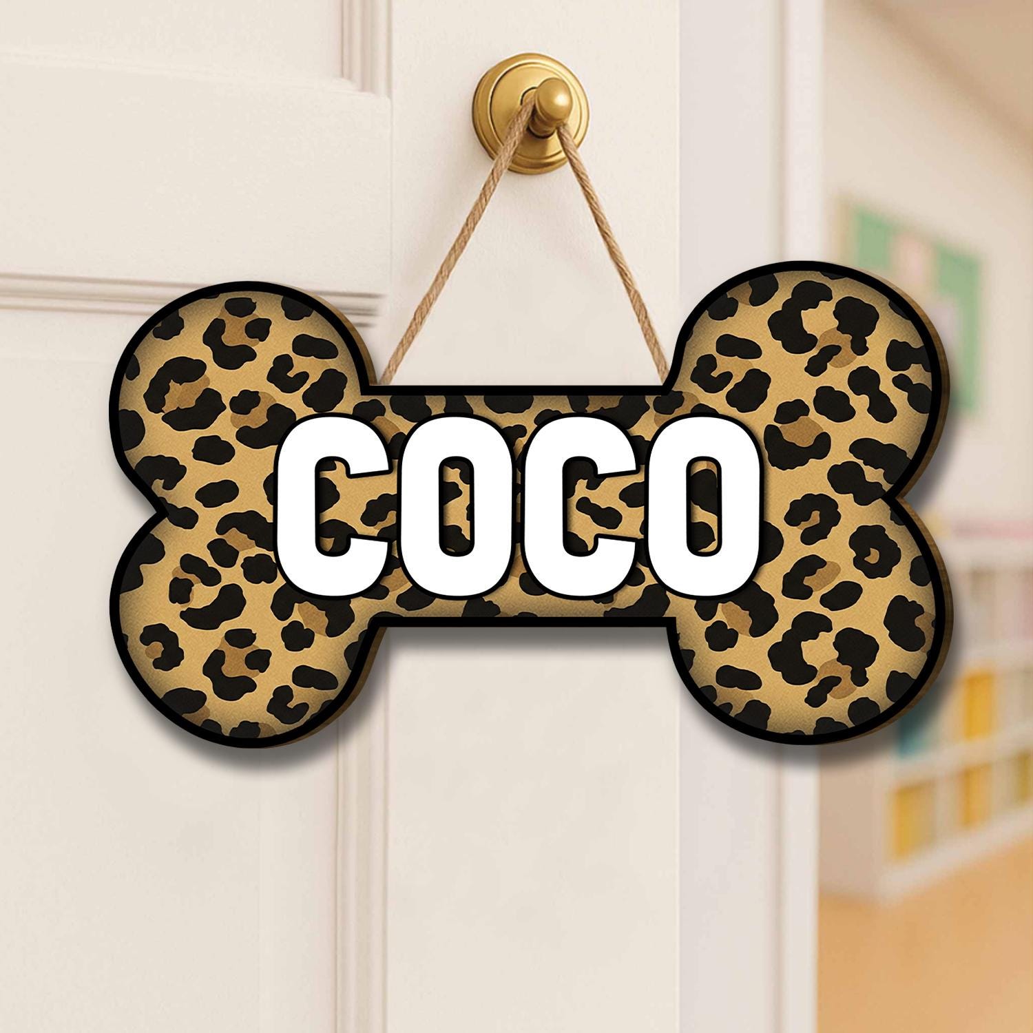 Leopard Print Dog Bone Door Sign with Pet Name Personalization, Custom Animal Print Pet Decor for Dog Lovers, Home Entryway Accent