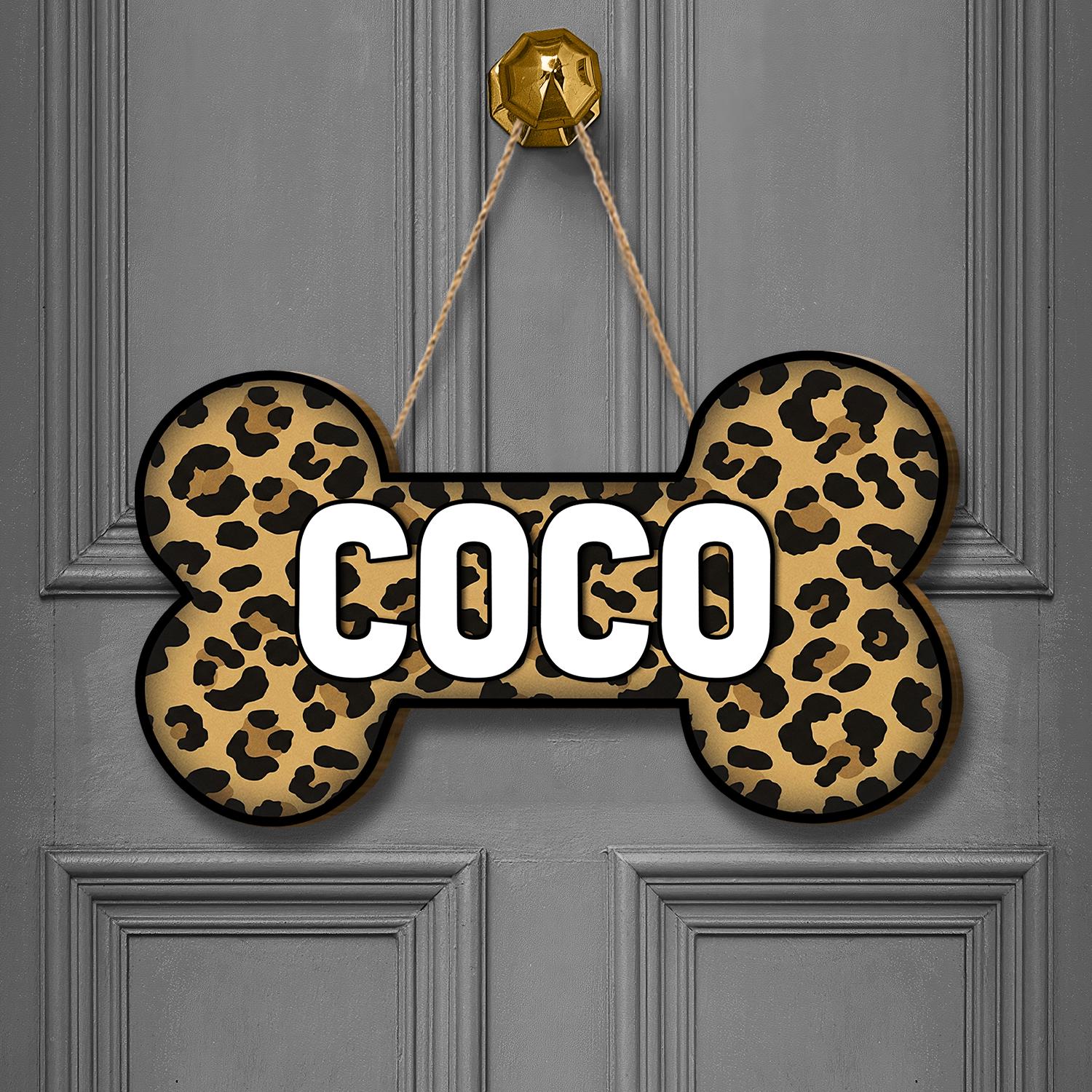 Leopard Print Dog Bone Door Sign with Pet Name Personalization, Custom Animal Print Pet Decor for Dog Lovers, Home Entryway Accent