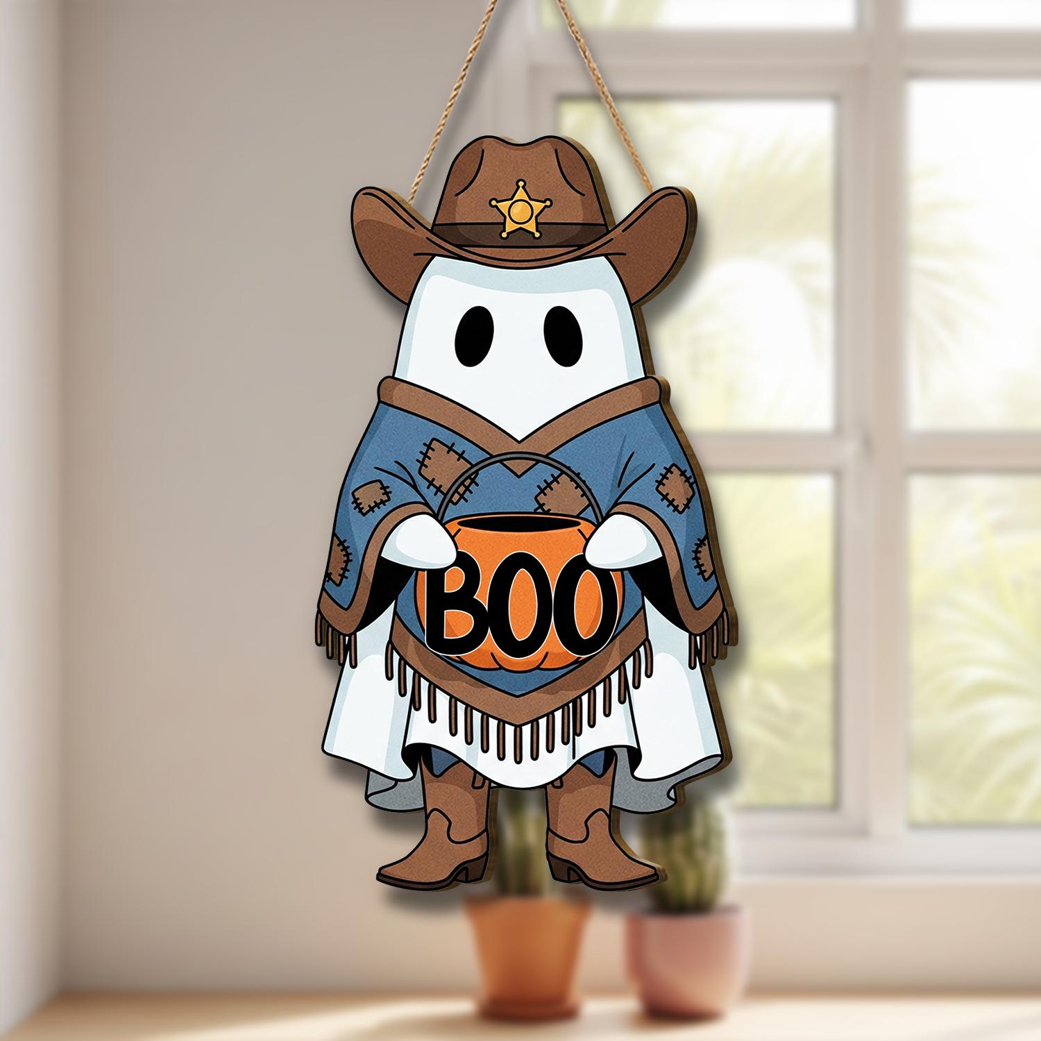 Cowboy Ghost Halloween Door Sign, Western Fall Porch Decor, Cute Spooky Ghost Wall Hanging, Trick or Treat Entryway Decoration, Fall Decor