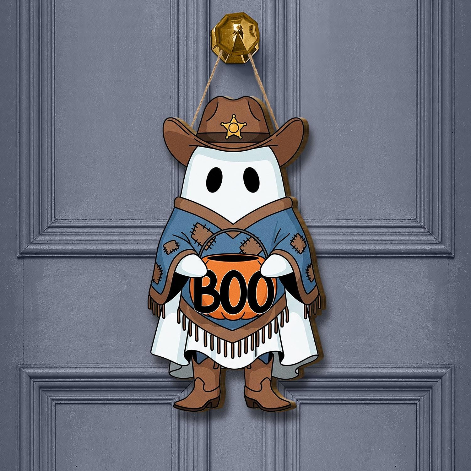Cowboy Ghost Halloween Door Sign, Western Fall Porch Decor, Cute Spooky Ghost Wall Hanging, Trick or Treat Entryway Decoration, Fall Decor