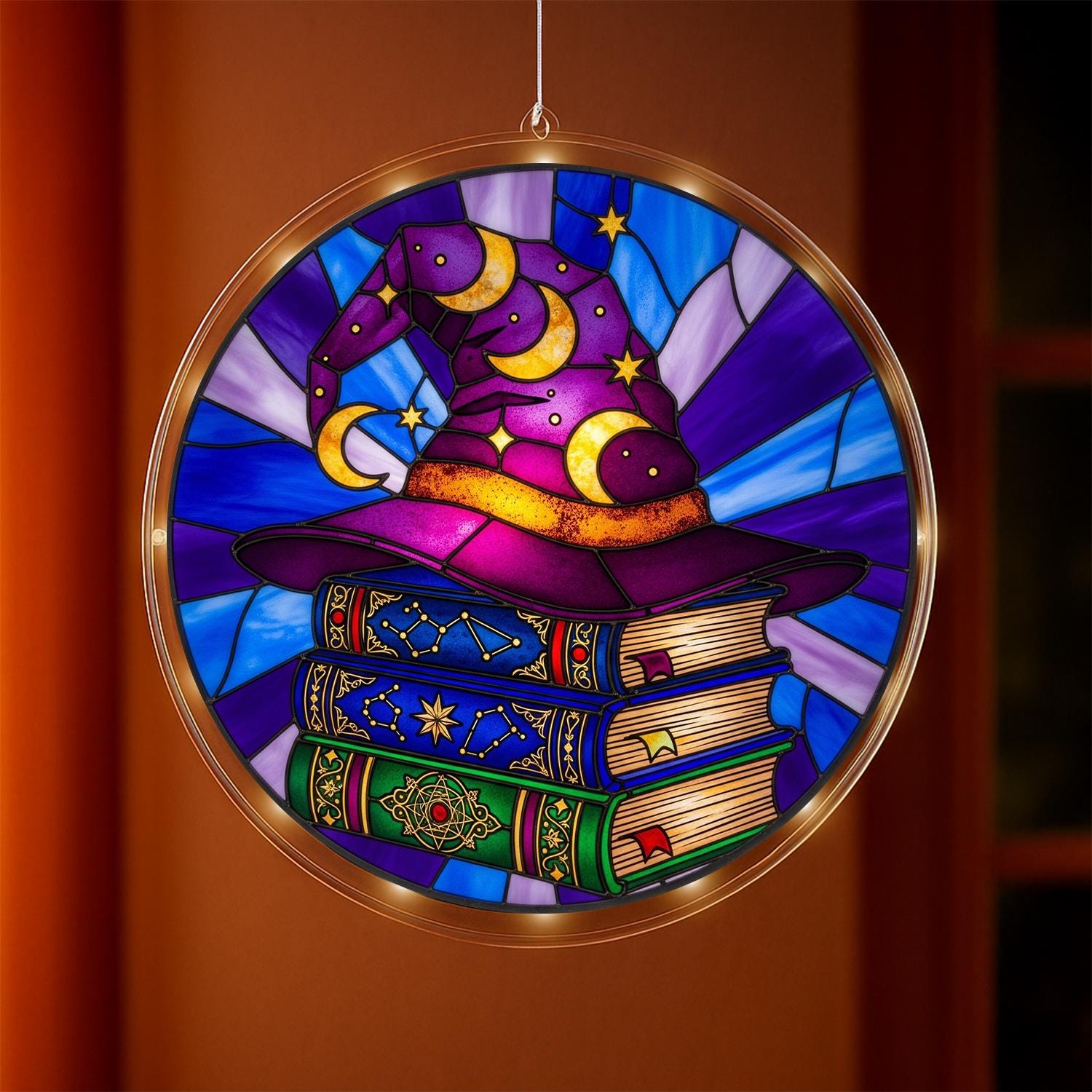 LED Hanging Witch Hat with Spell Books, Magical Moon and Stars Design, Mystical Fantasy Window Light for Home or Gift, Room Decor