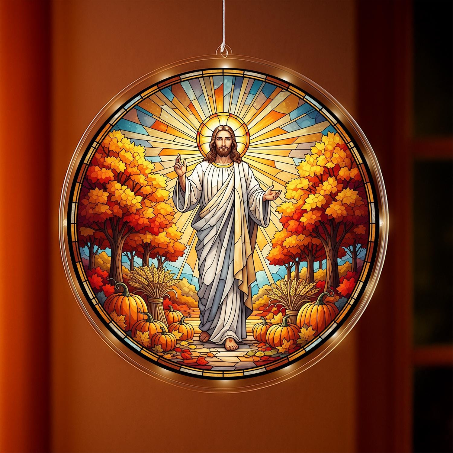 LED Hanging Autumn Scene with Jesus, Religious Christian Window Light, Faith Home Decor with Pumpkins and Fall Trees, Room LED Decor