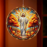 LED Hanging Autumn Scene with Jesus, Religious Christian Window Light, Faith Home Decor with Pumpkins and Fall Trees, Room LED Decor