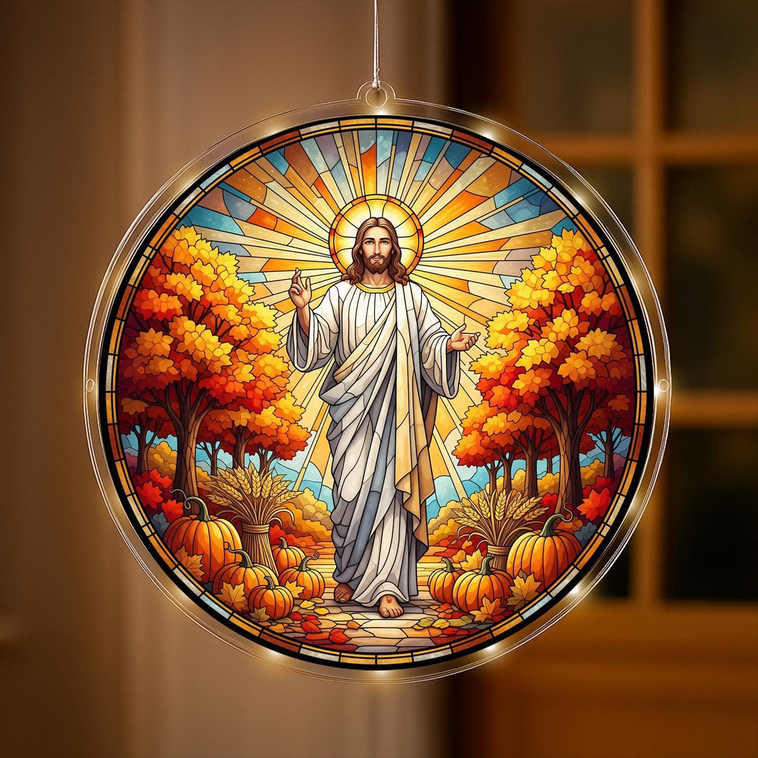 LED Hanging Autumn Scene with Jesus, Religious Christian Window Light, Faith Home Decor with Pumpkins and Fall Trees, Room LED Decor