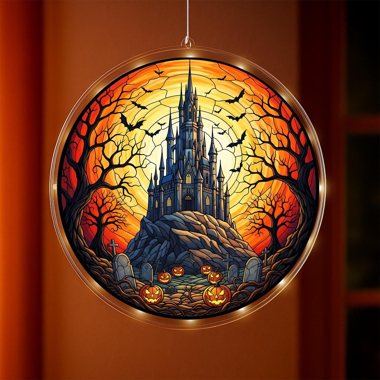 LED Hanging Haunted Castle with Pumpkins, Spooky Halloween Window Light, Gothic Graveyard Scene for Home or Party Decor, Home Decor Gift