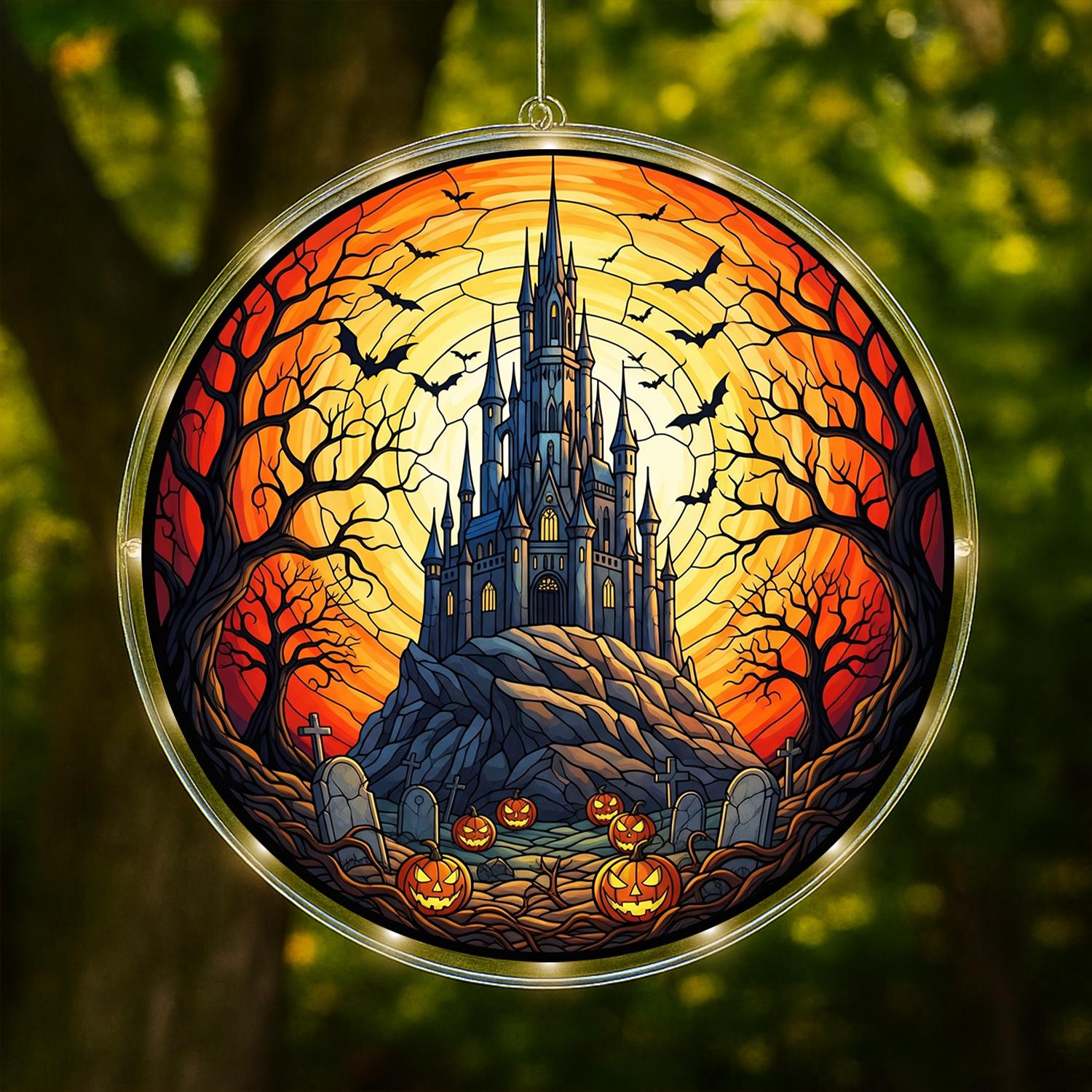LED Hanging Haunted Castle with Pumpkins, Spooky Halloween Window Light, Gothic Graveyard Scene for Home or Party Decor, Home Decor Gift