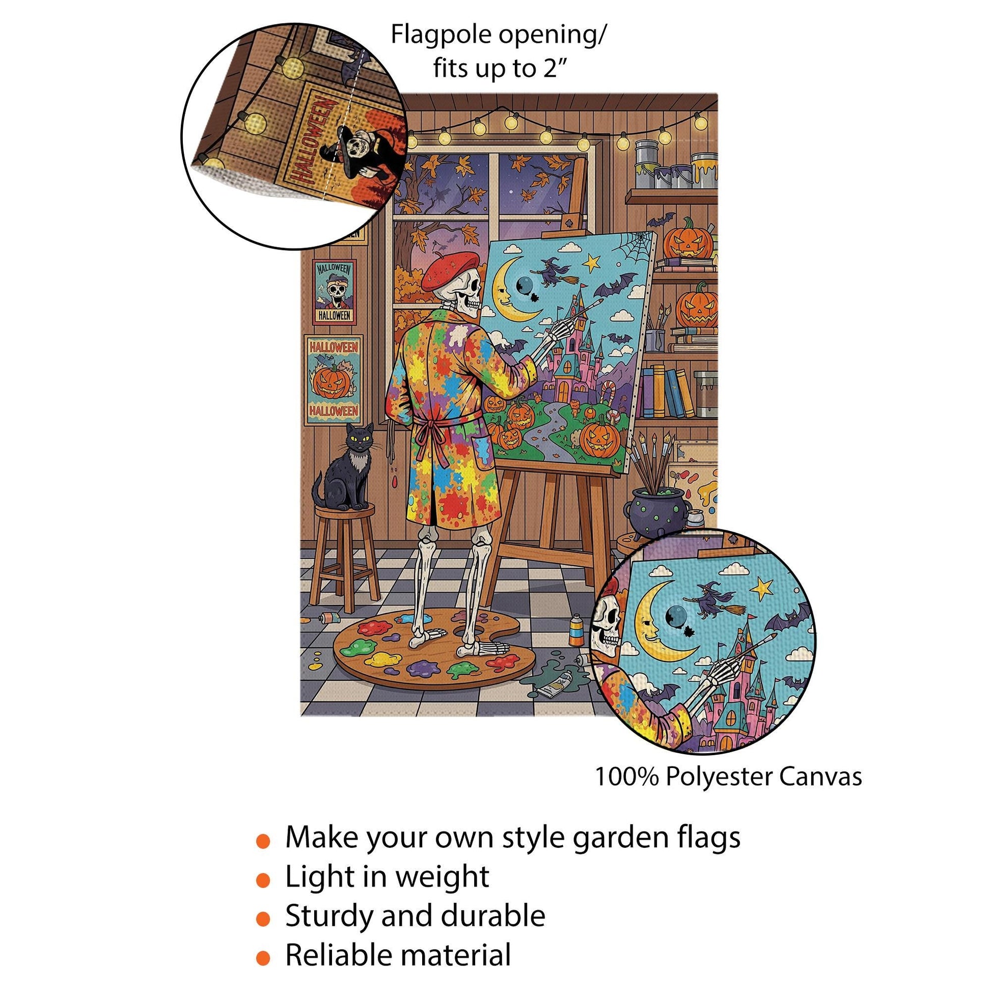 Halloween Skeleton Artist Garden Flag – Spooky Skeleton Painting Yard Decor, Autumn Halloween Outdoor Flag